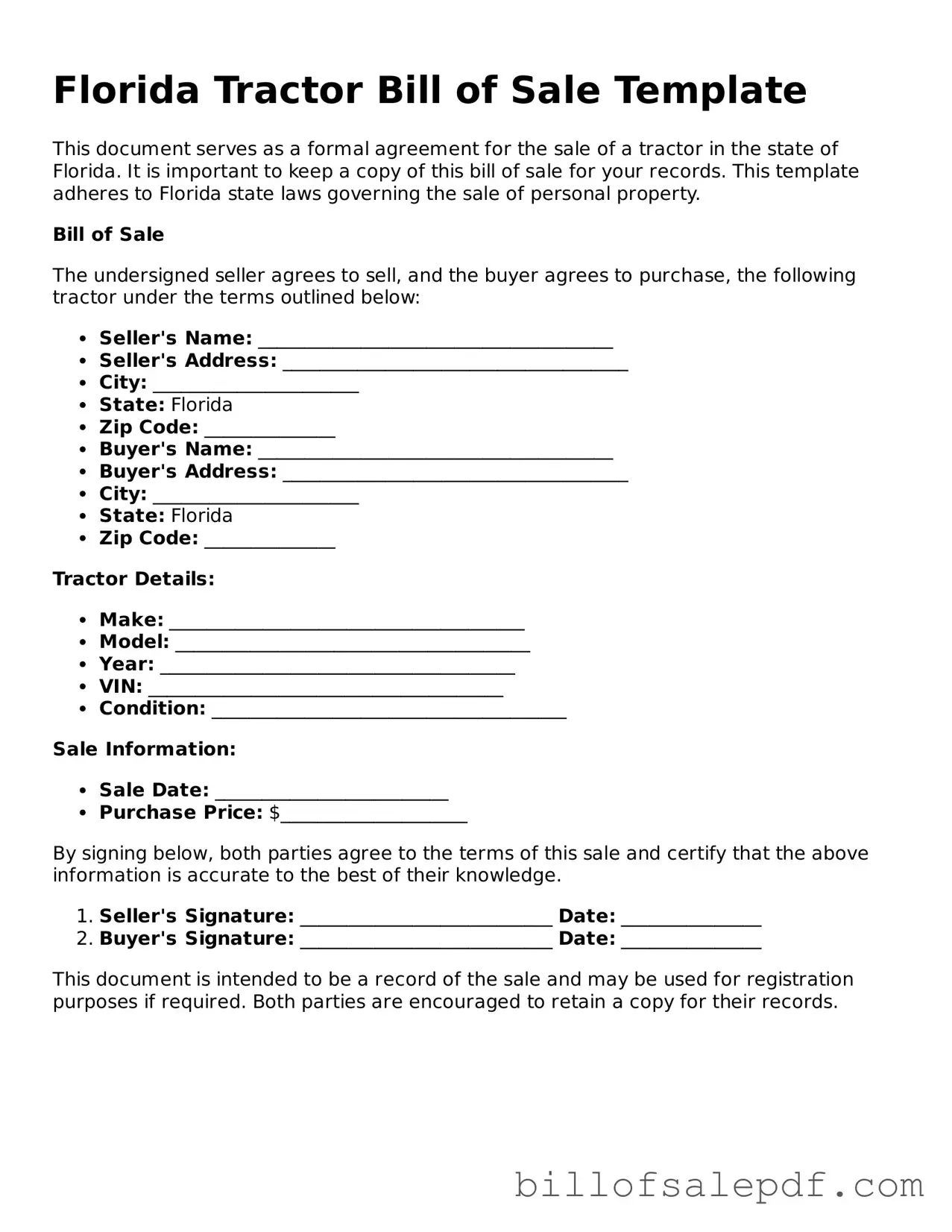 Legal Florida Tractor Bill of Sale Form