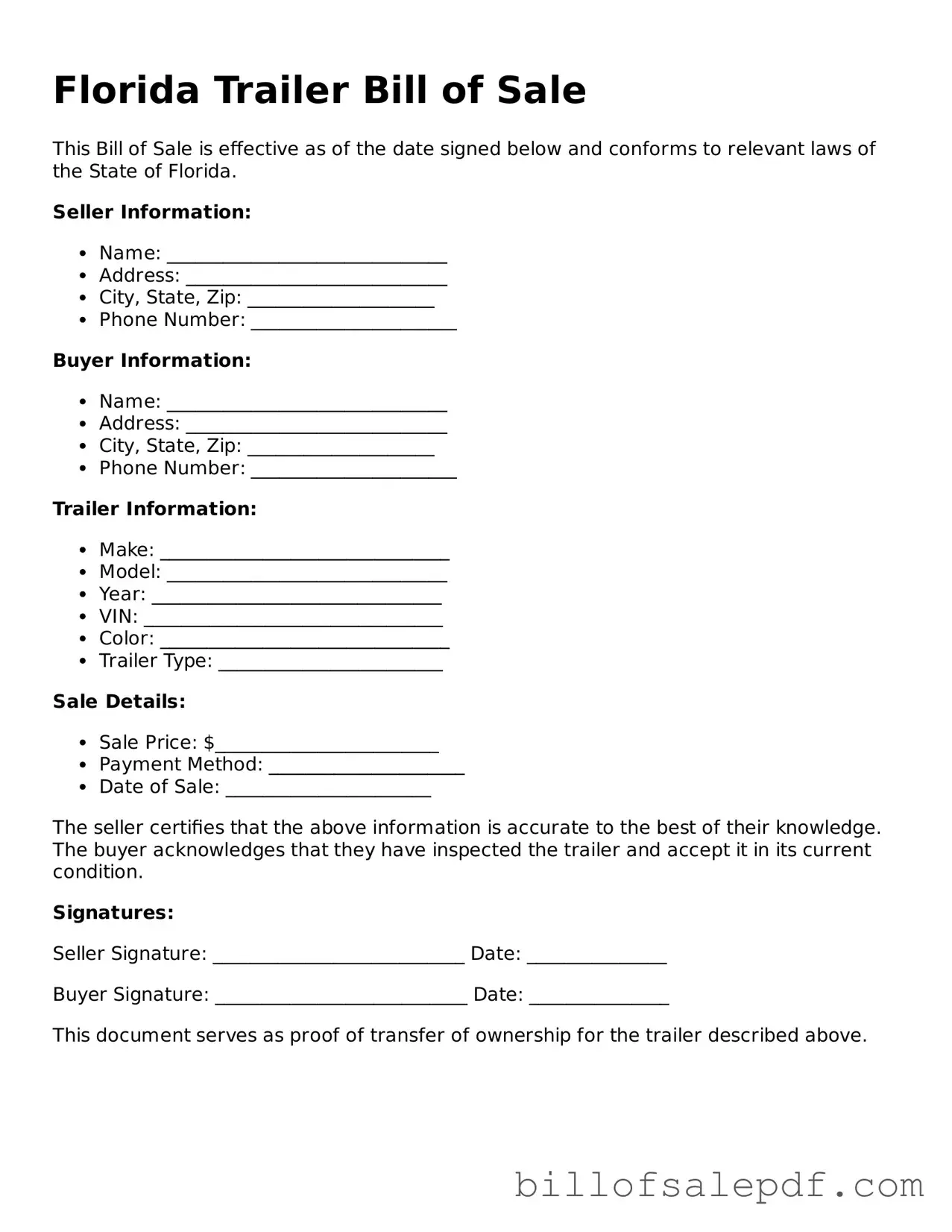 Legal Florida Trailer Bill of Sale Form