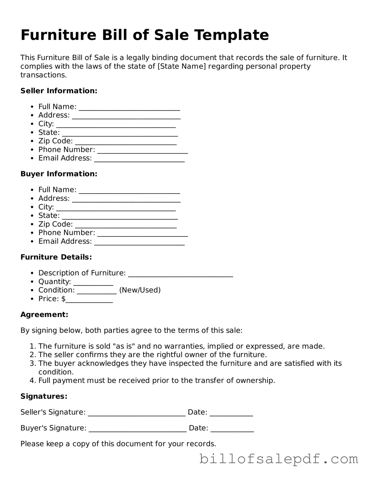 Fillable Furniture Bill of Sale Document