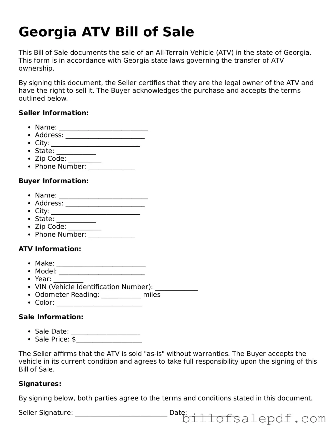 Legal Georgia ATV Bill of Sale Form