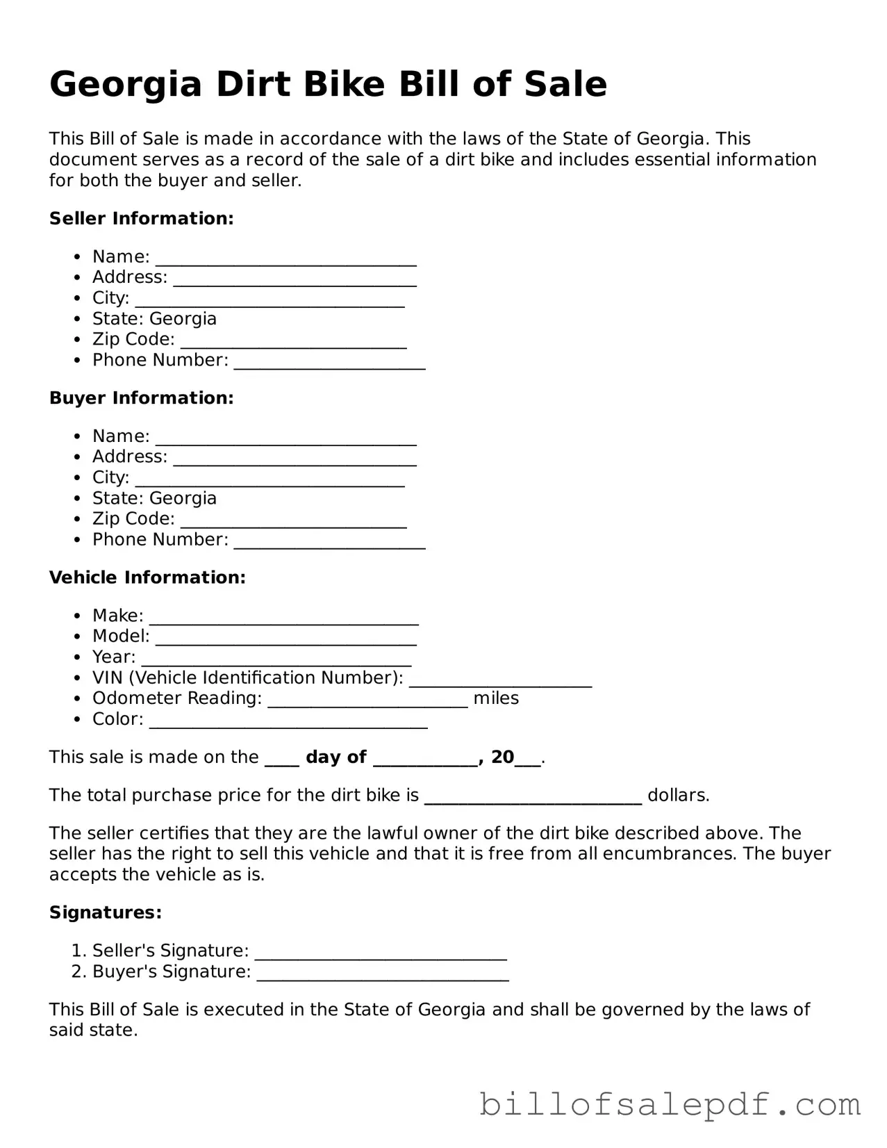 Legal Georgia Dirt Bike Bill of Sale Form