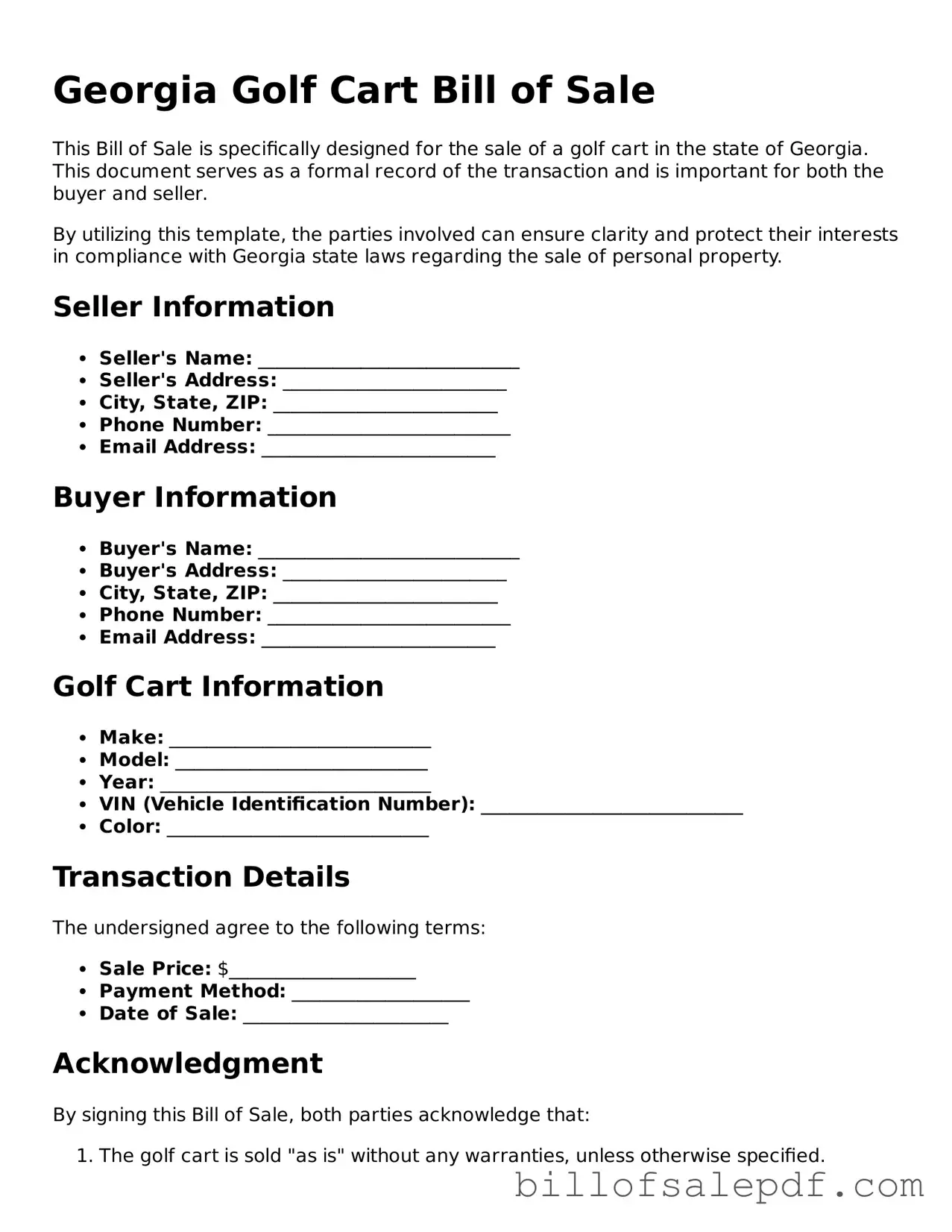 Legal Georgia Golf Cart Bill of Sale Form