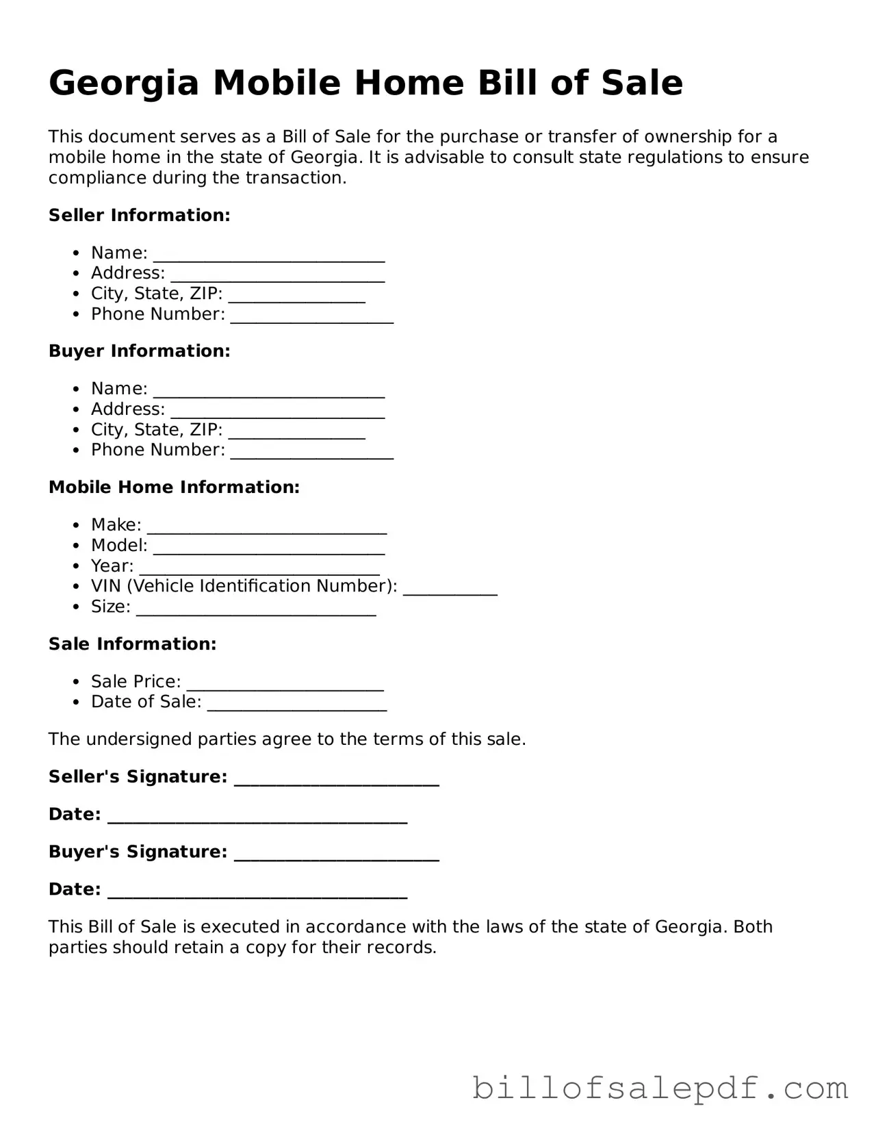 Legal Georgia Mobile Home Bill of Sale Form