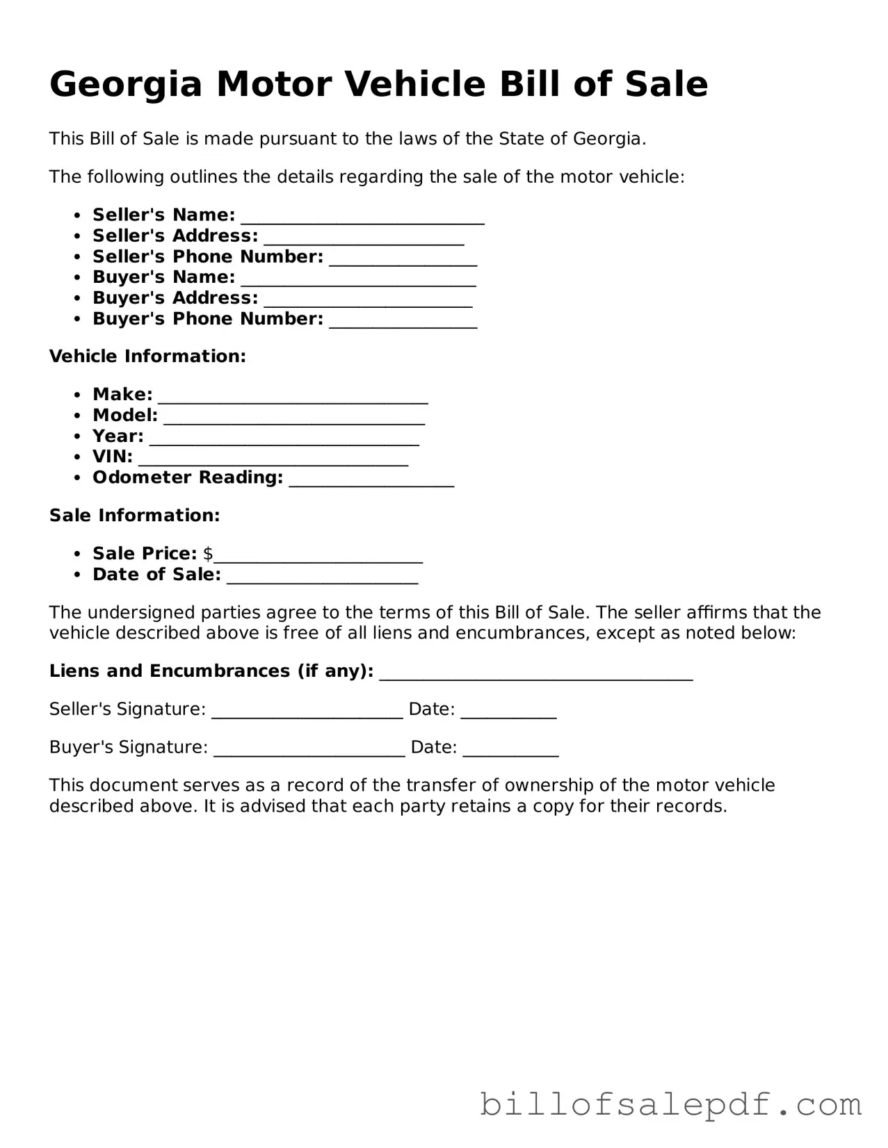 Legal Georgia Motor Vehicle Bill of Sale Form