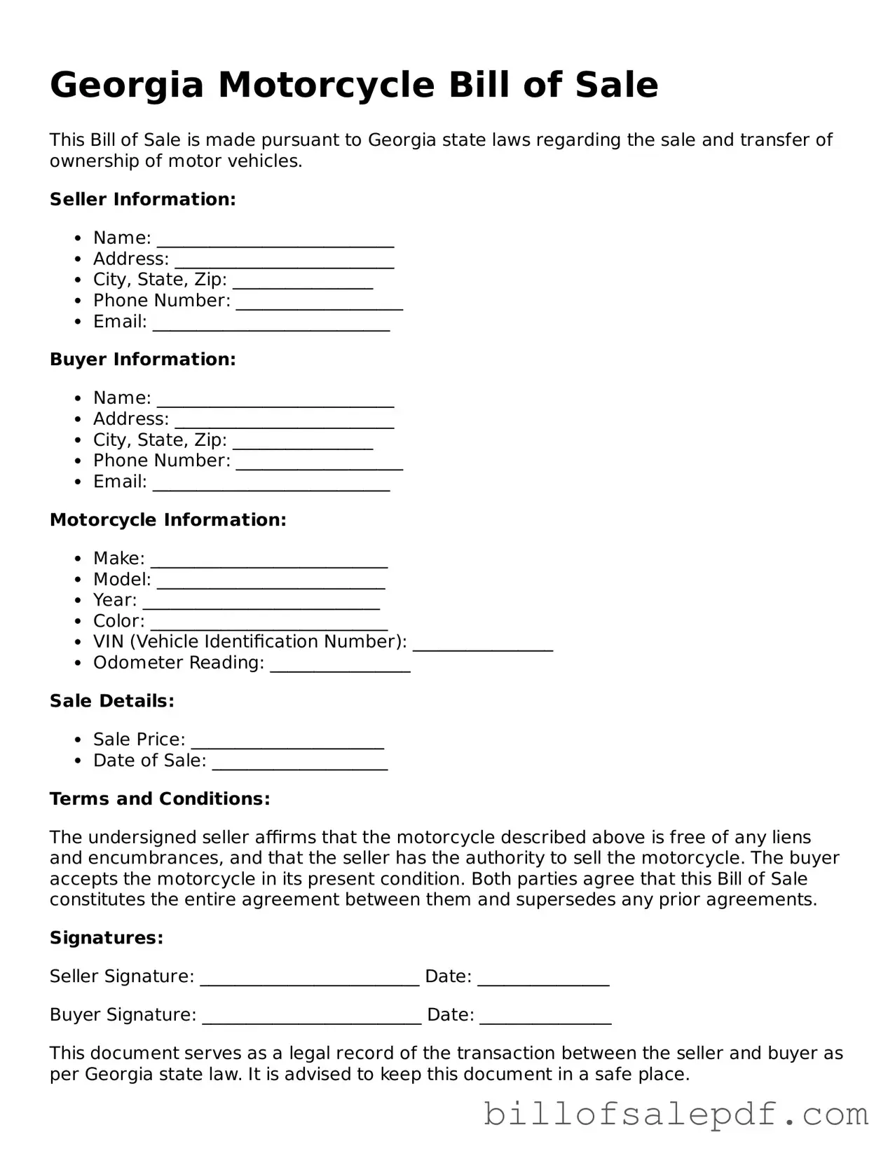 Legal Georgia Motorcycle Bill of Sale Form