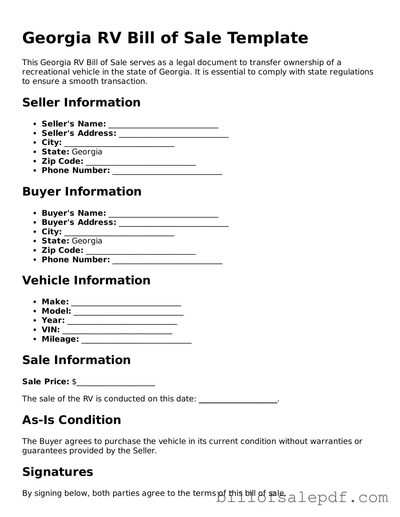 Legal Georgia RV Bill of Sale Form