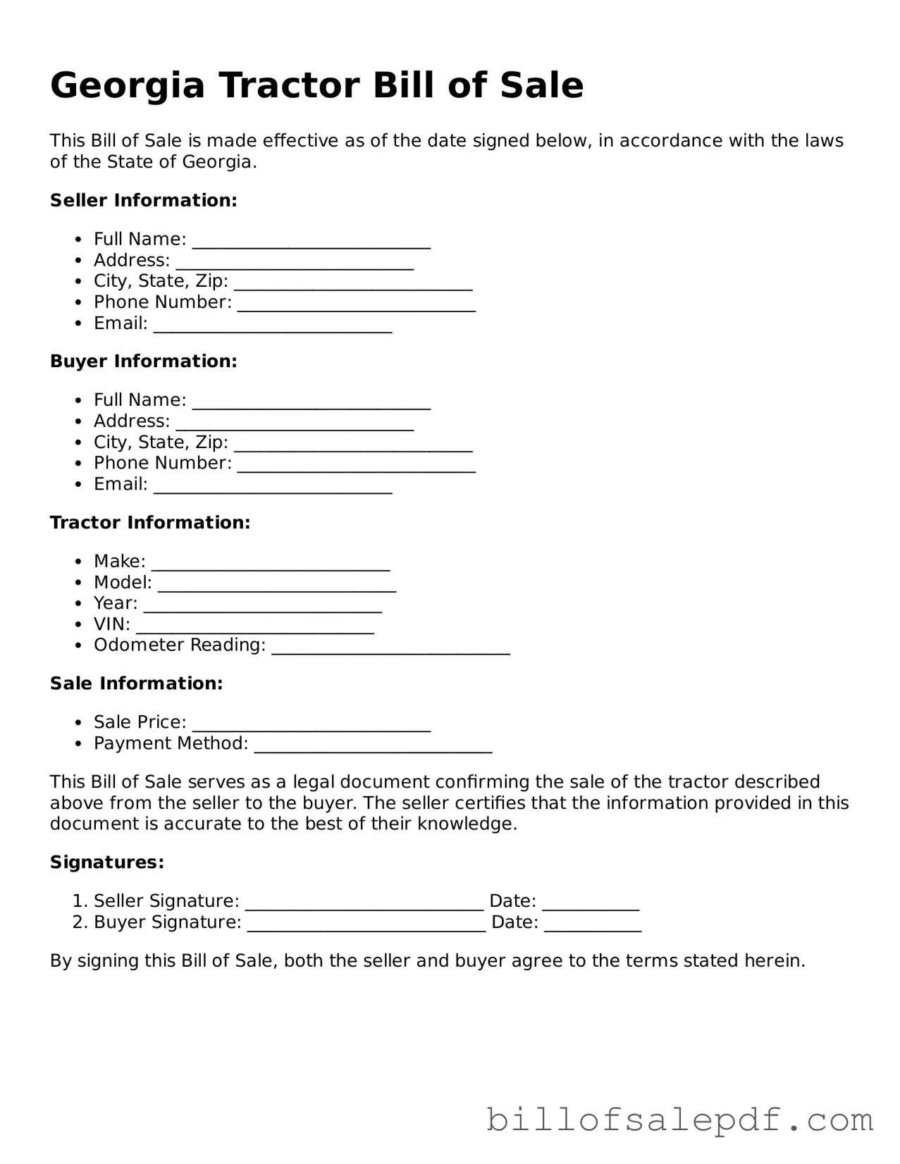 Legal Georgia Tractor Bill of Sale Form