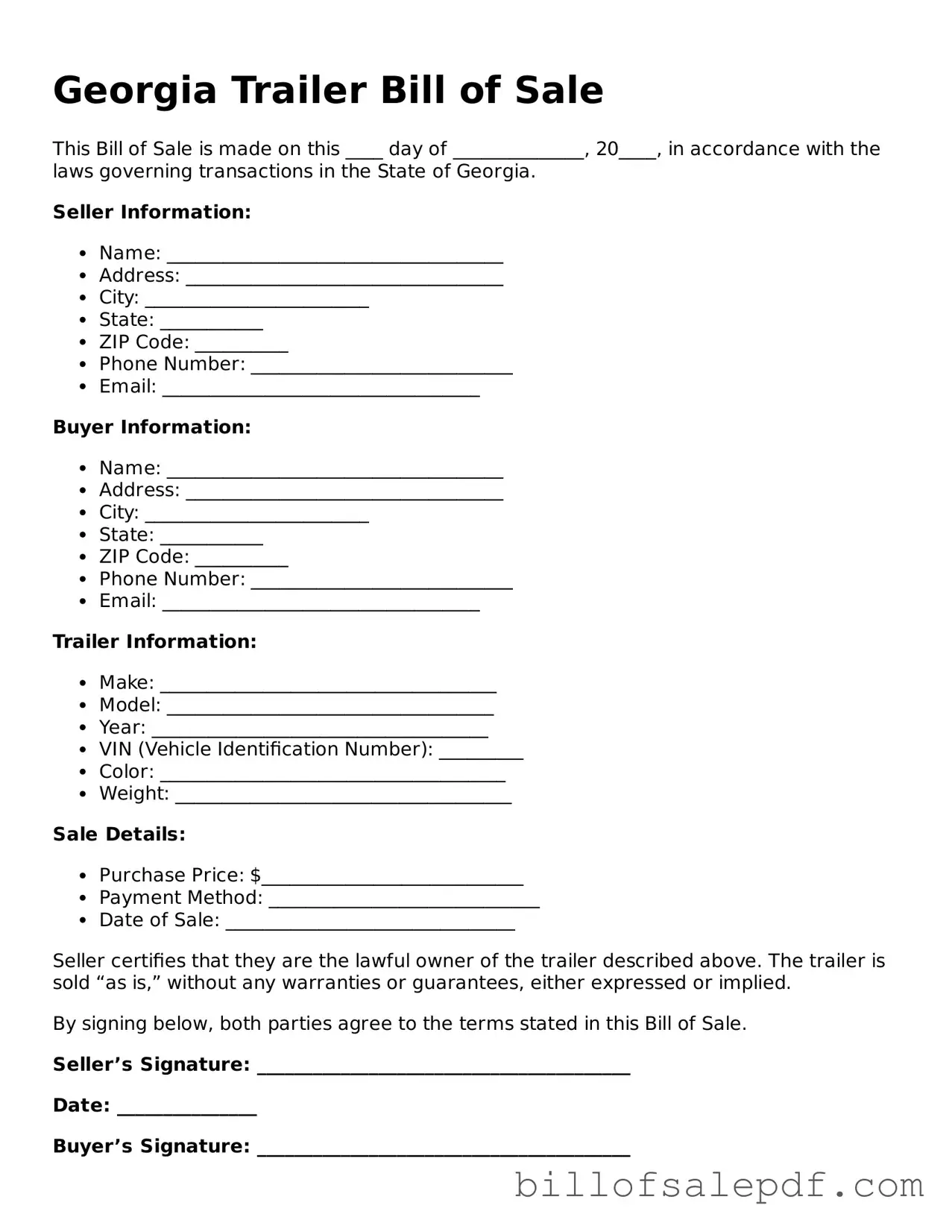 Legal Georgia Trailer Bill of Sale Form