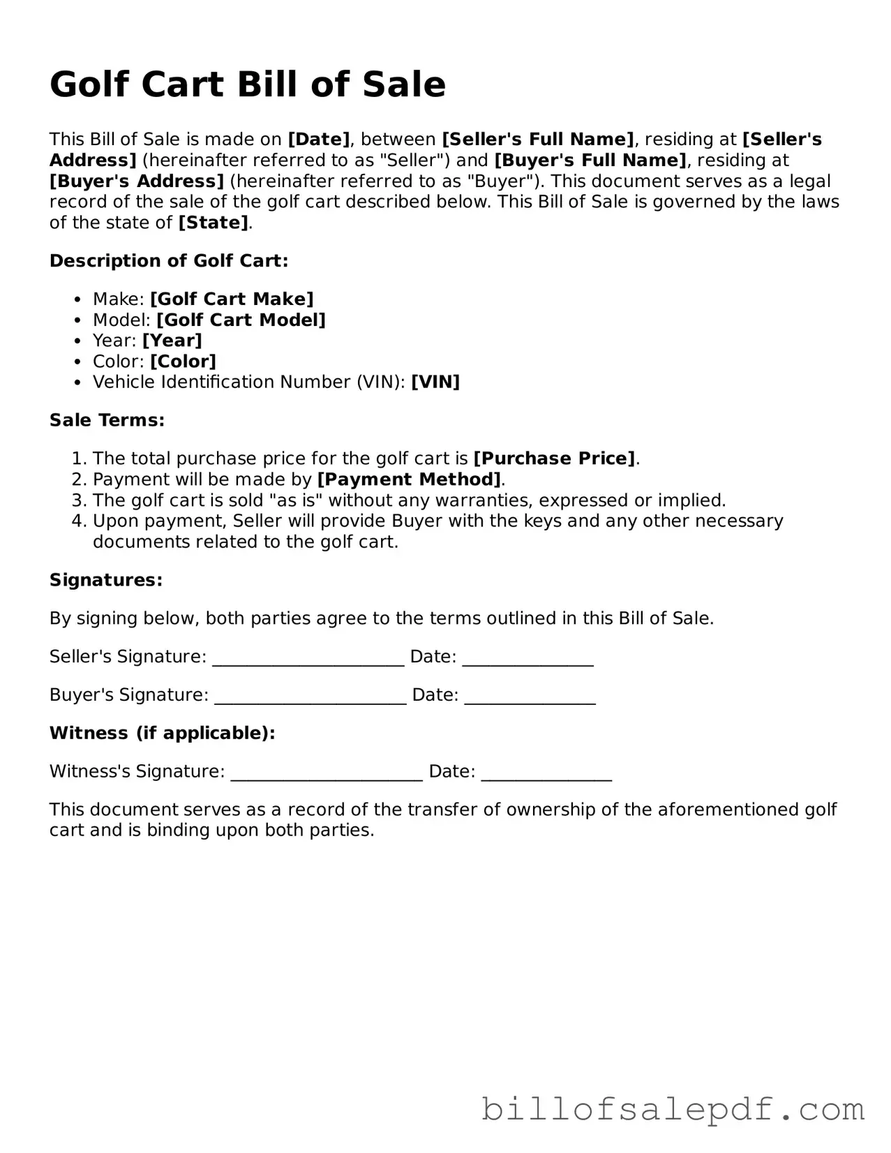 Fillable Golf Cart Bill of Sale Document