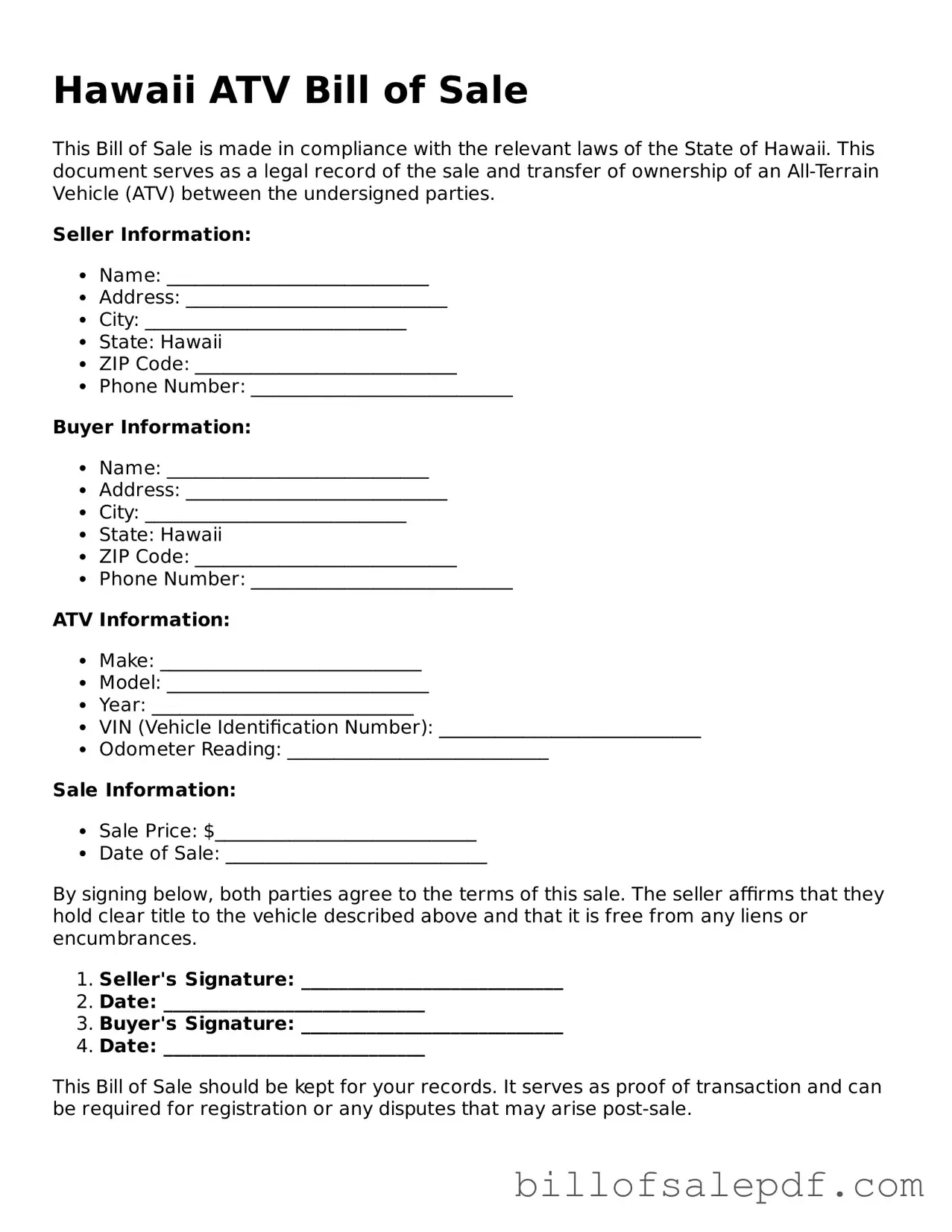 Legal Hawaii ATV Bill of Sale Form