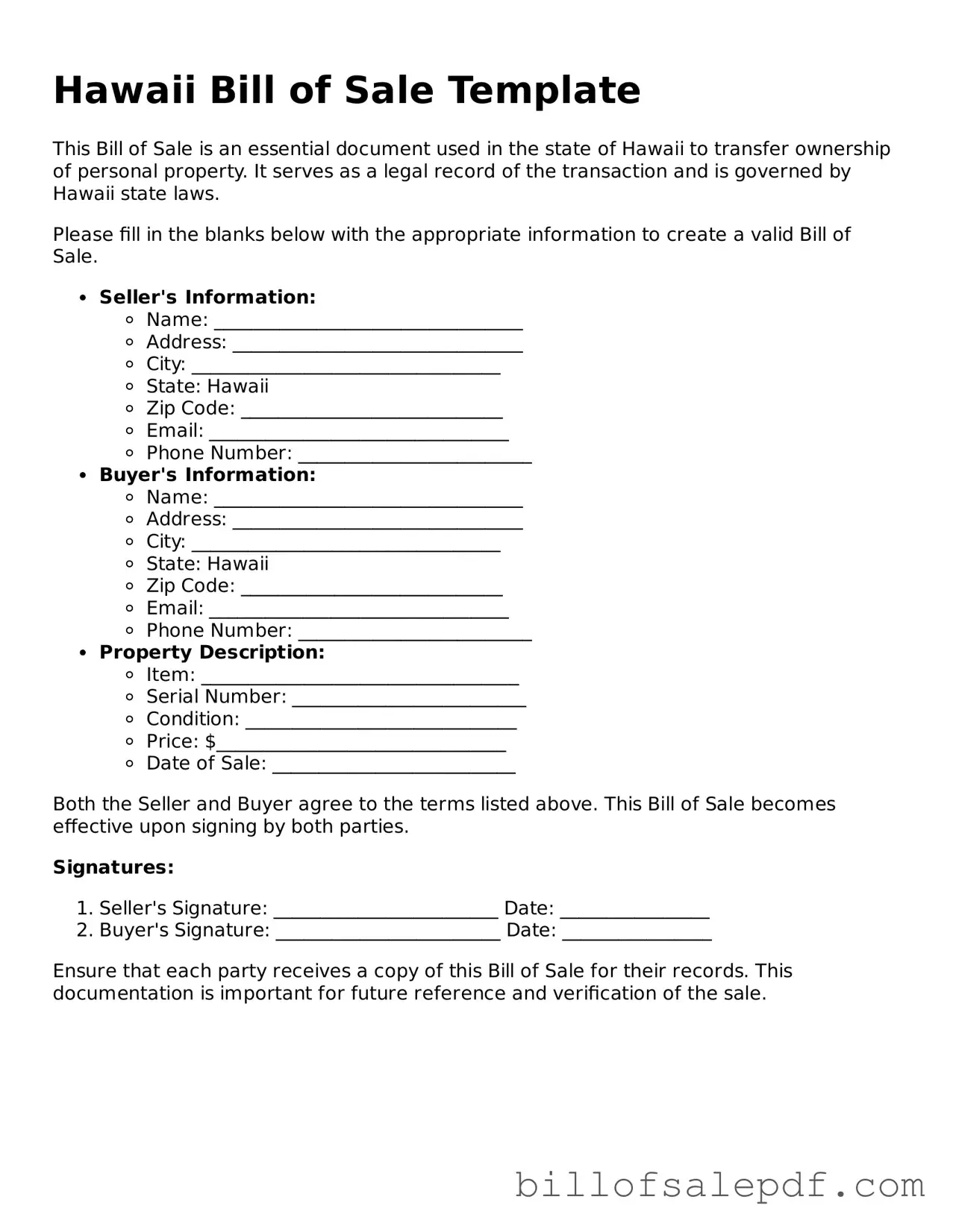Legal Hawaii Bill of Sale Form