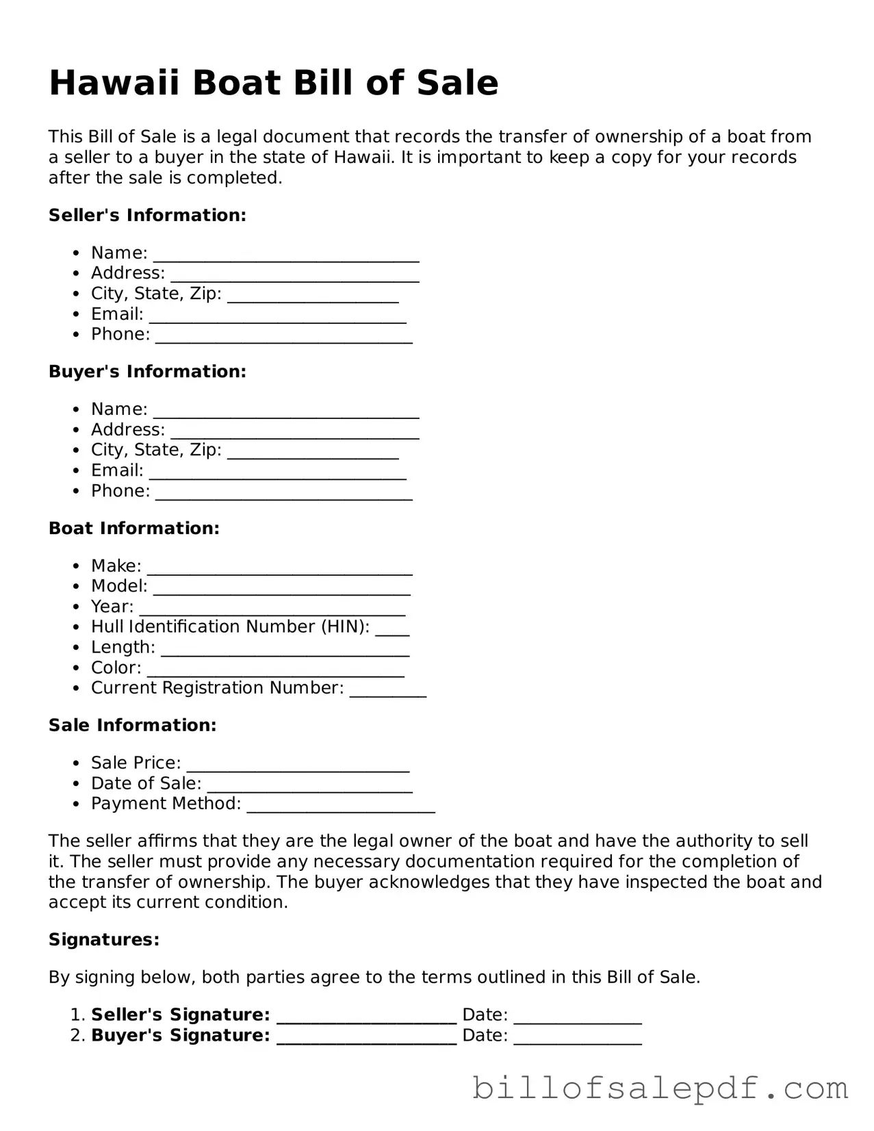 Legal Hawaii Boat Bill of Sale Form