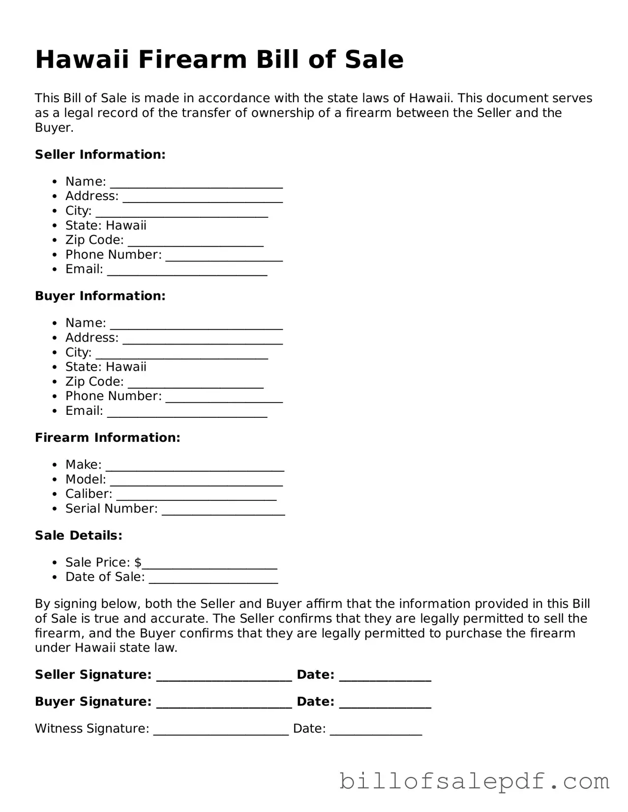 Legal Hawaii Firearm Bill of Sale Form