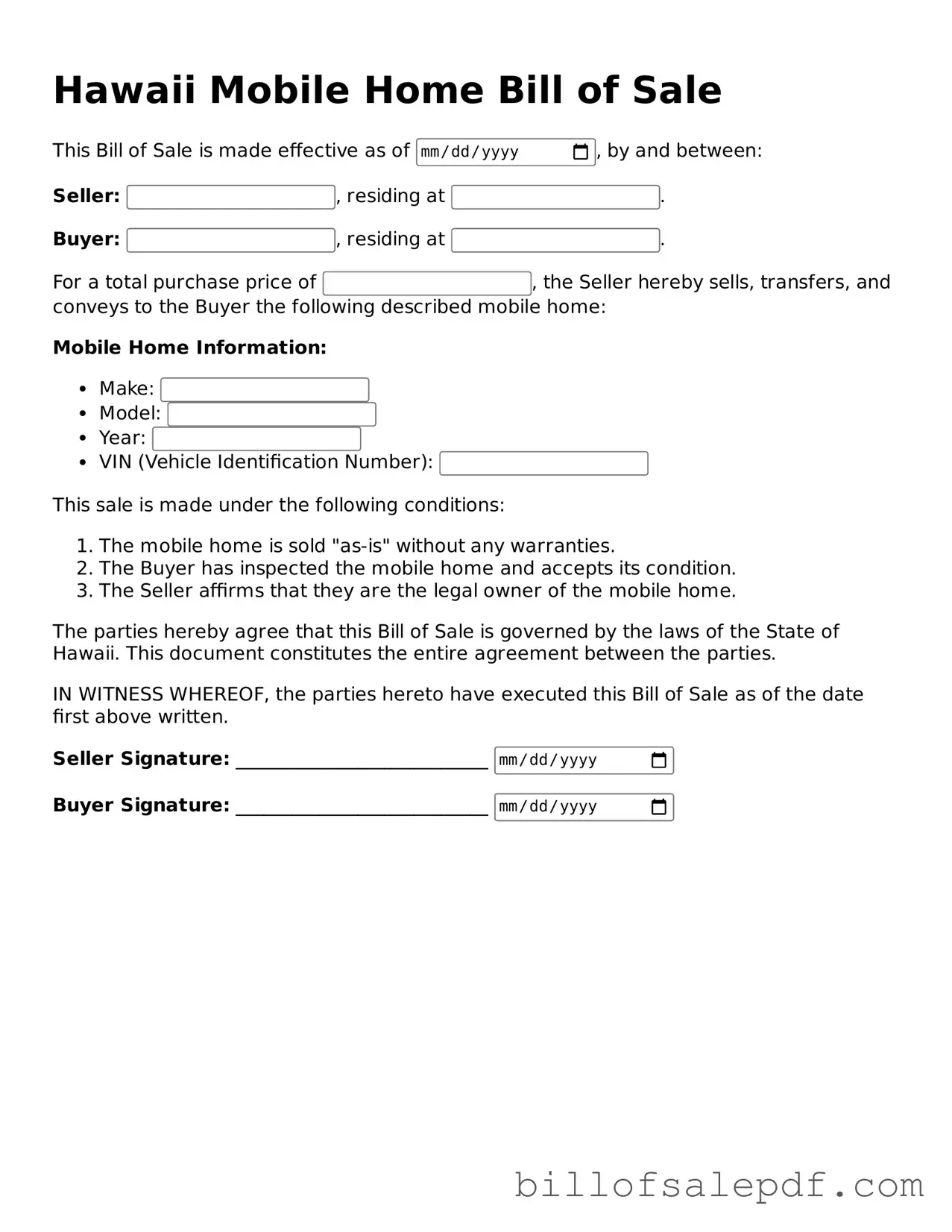 Legal Hawaii Mobile Home Bill of Sale Form