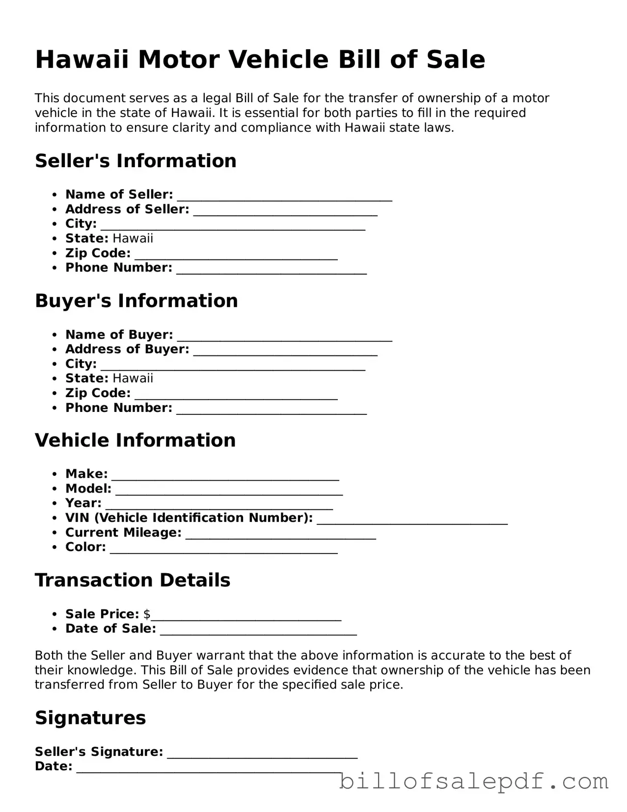 Legal Hawaii Motor Vehicle Bill of Sale Form
