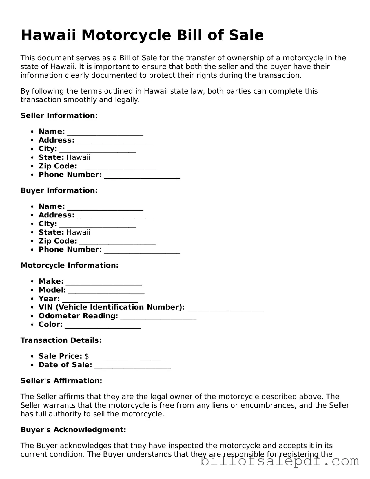 Legal Hawaii Motorcycle Bill of Sale Form
