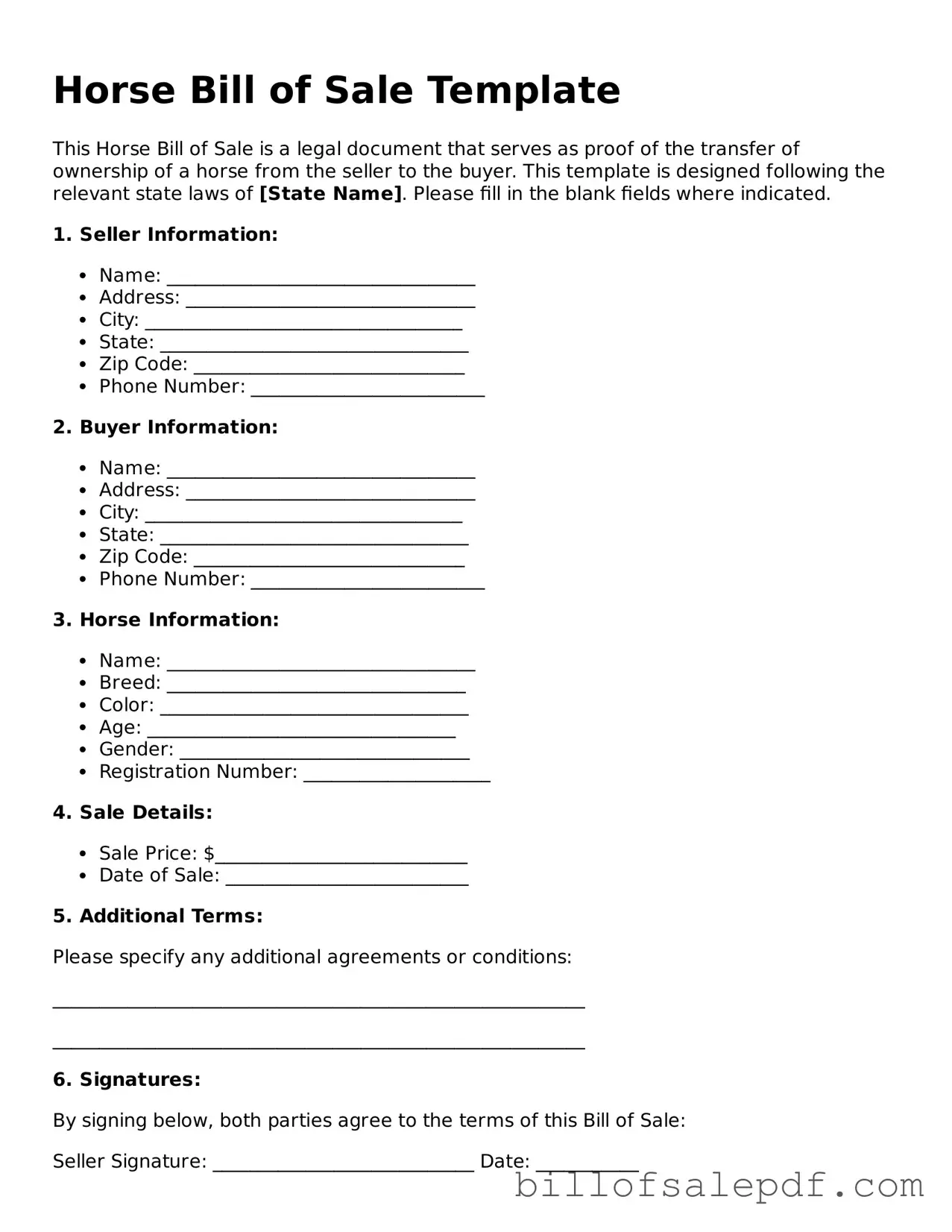 Fillable Horse Bill of Sale Document