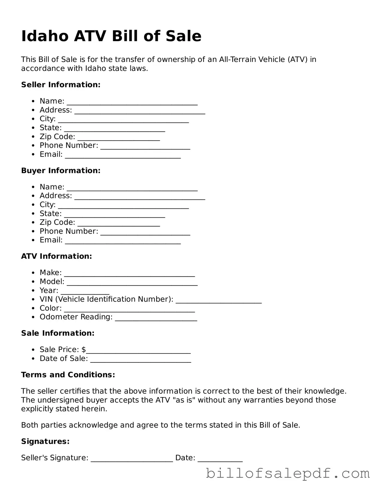 Legal Idaho ATV Bill of Sale Form