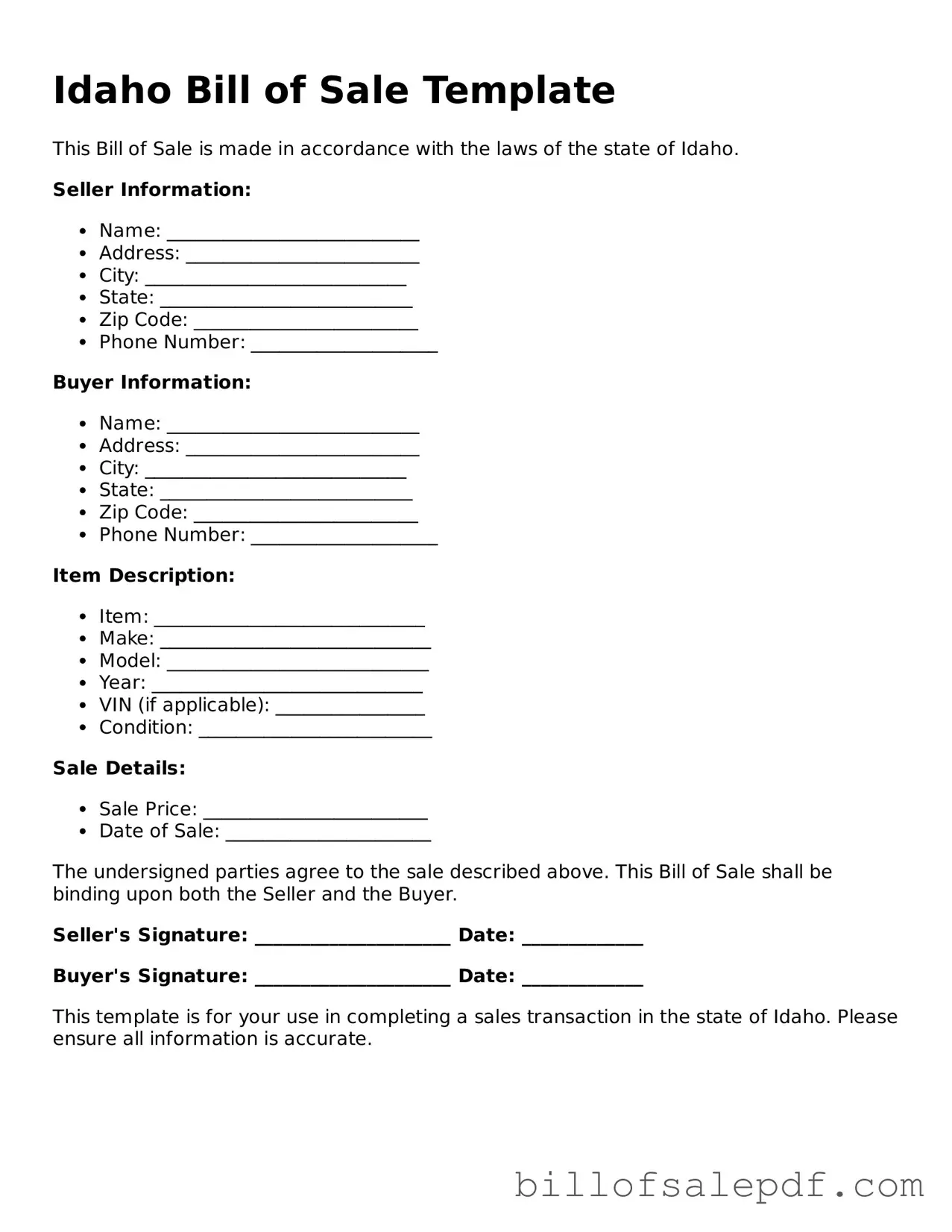 Legal Idaho Bill of Sale Form