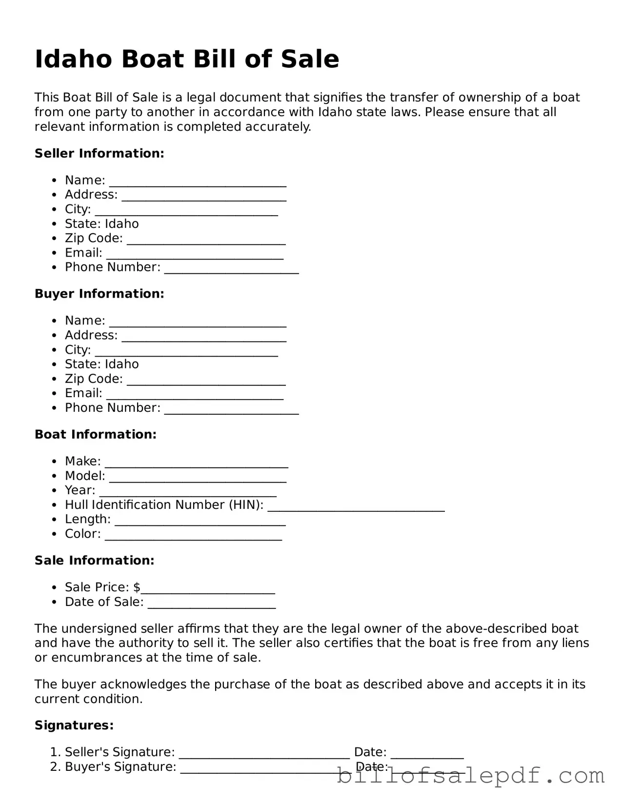 Legal Idaho Boat Bill of Sale Form