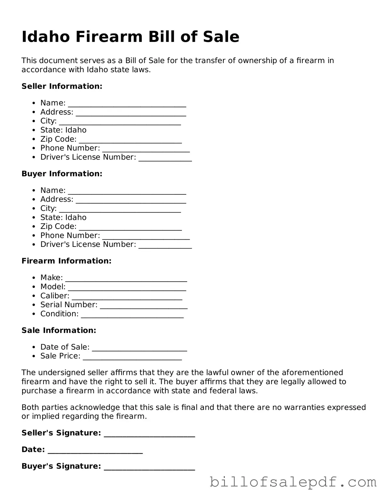 Legal Idaho Firearm Bill of Sale Form