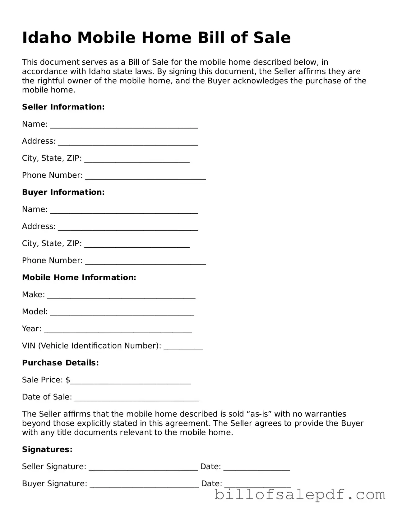 Legal Idaho Mobile Home Bill of Sale Form