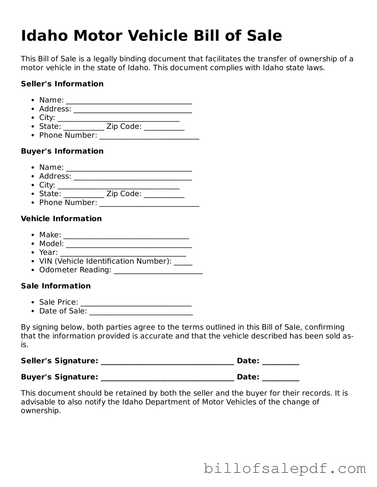Legal Idaho Motor Vehicle Bill of Sale Form