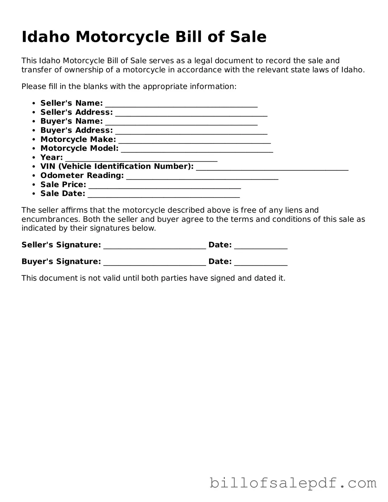 Legal Idaho Motorcycle Bill of Sale Form