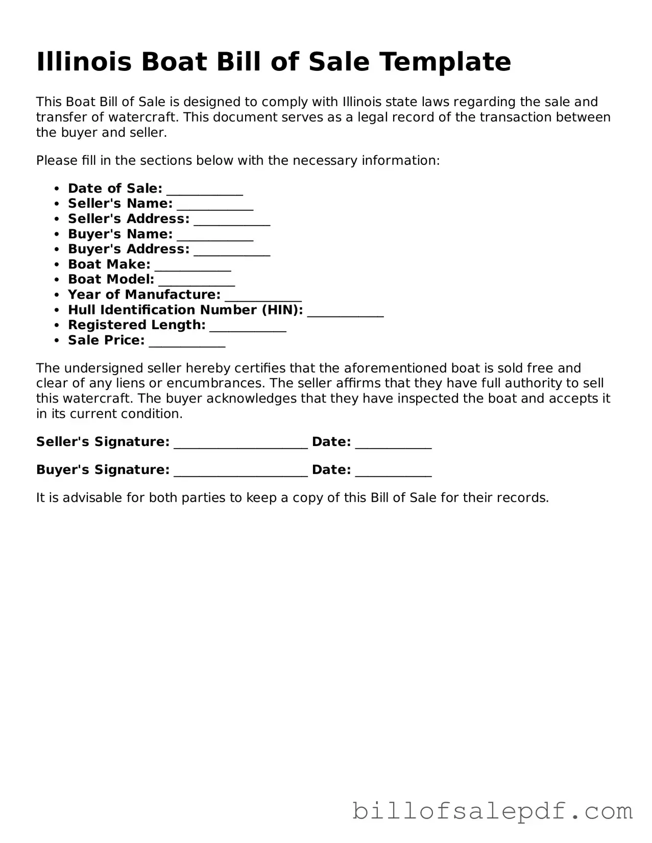 Legal Illinois Boat Bill of Sale Form