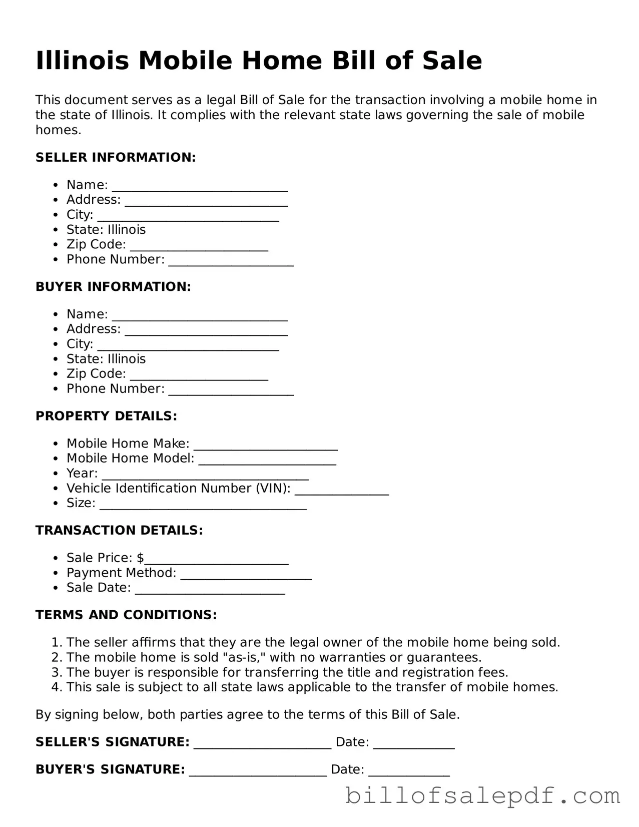 Legal Illinois Mobile Home Bill of Sale Form