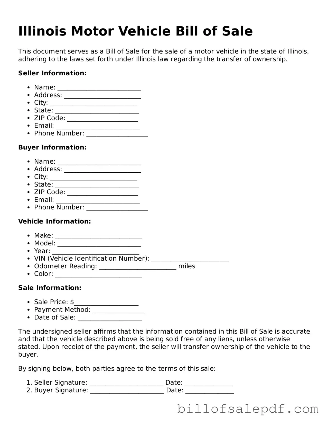Legal Illinois Motor Vehicle Bill of Sale Form