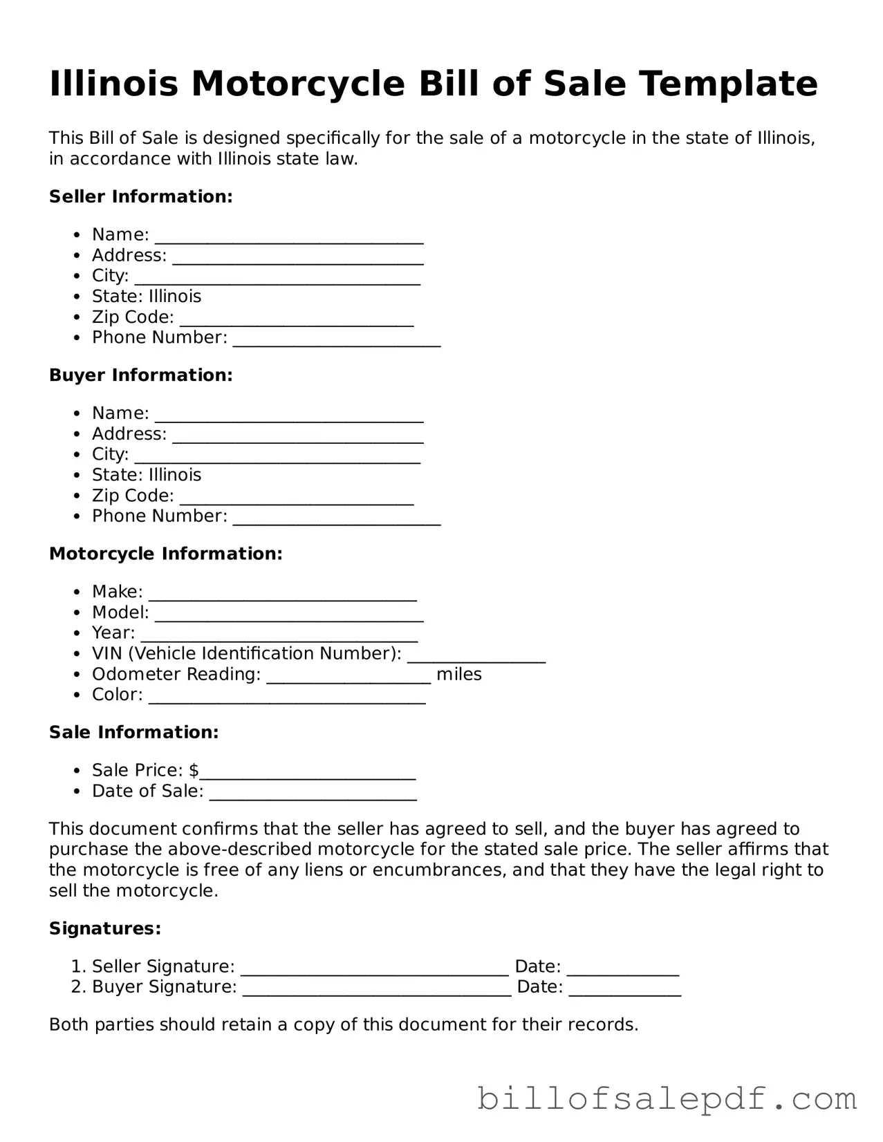 Legal Illinois Motorcycle Bill of Sale Form