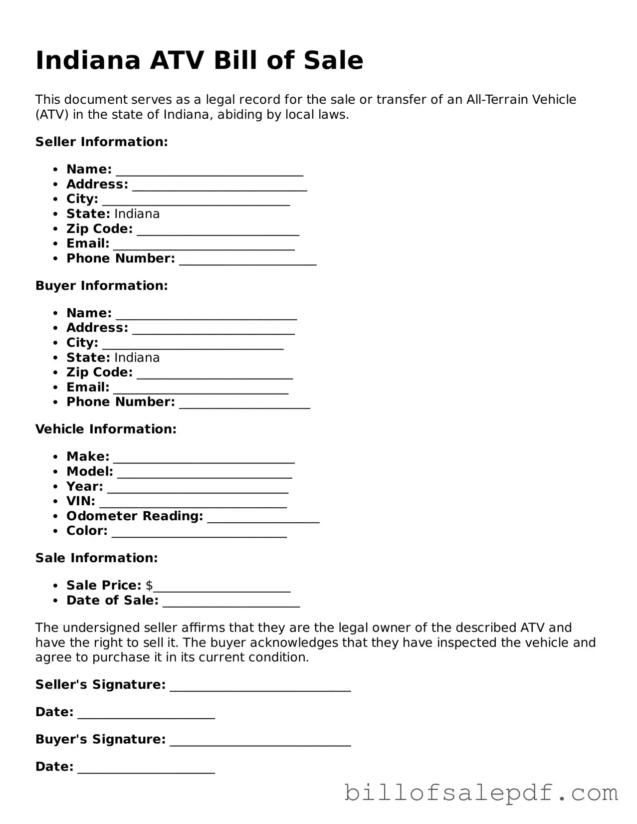 Legal Indiana ATV Bill of Sale Form