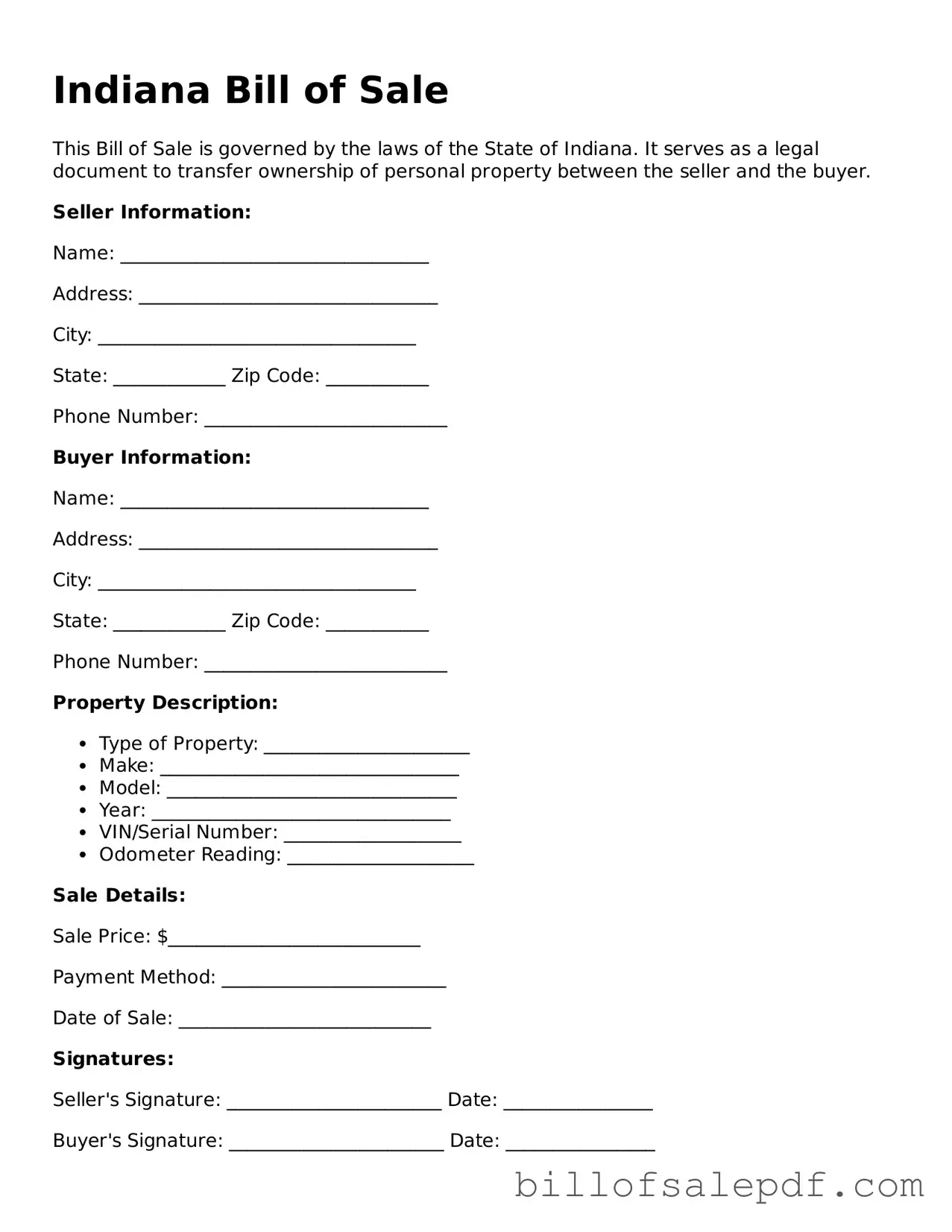 Legal Indiana Bill of Sale Form