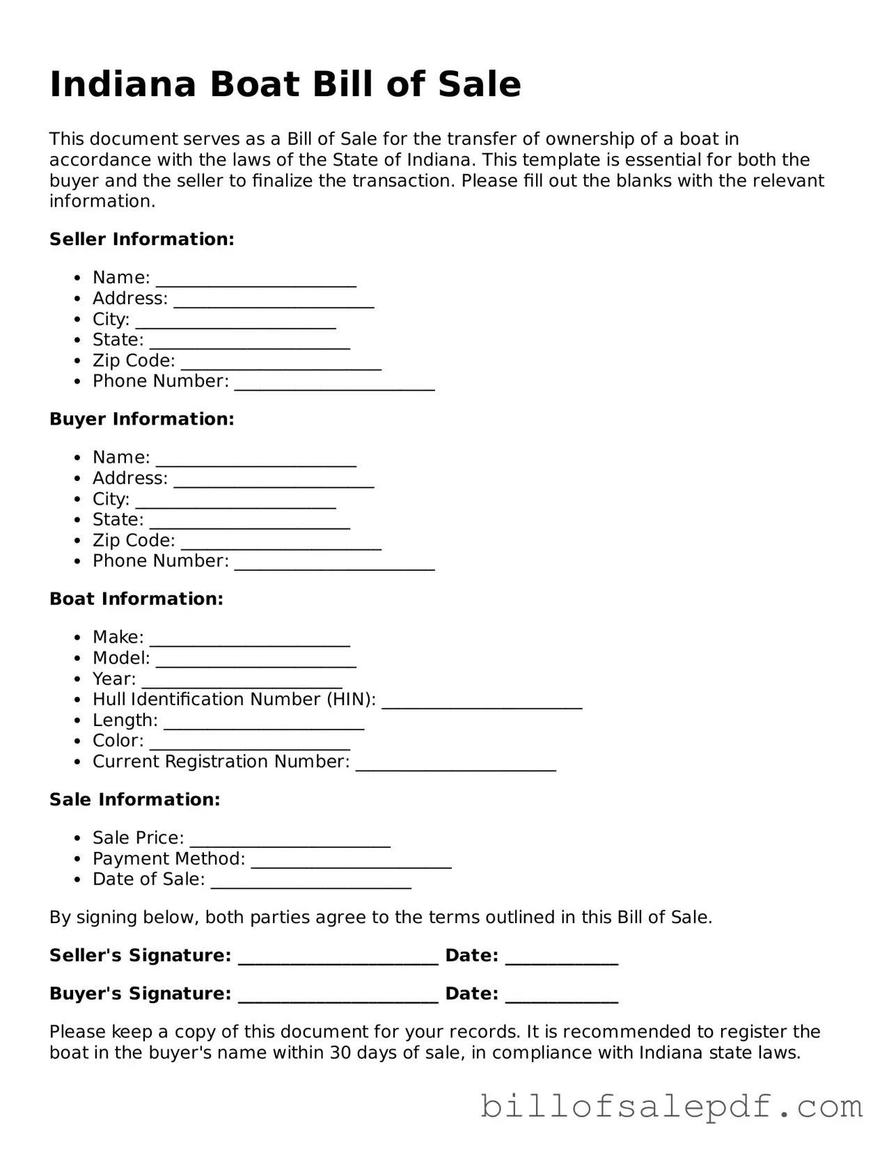 Legal Indiana Boat Bill of Sale Form