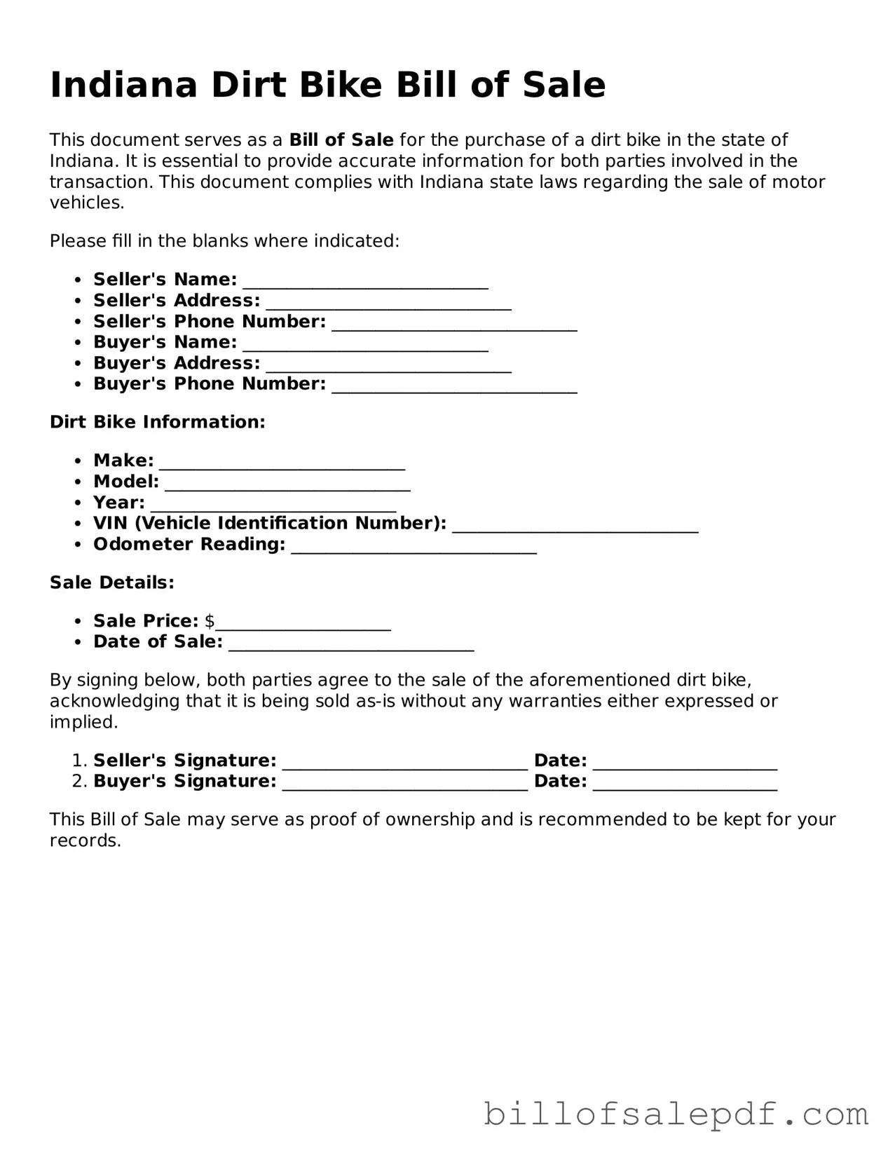 Legal Indiana Dirt Bike Bill of Sale Form