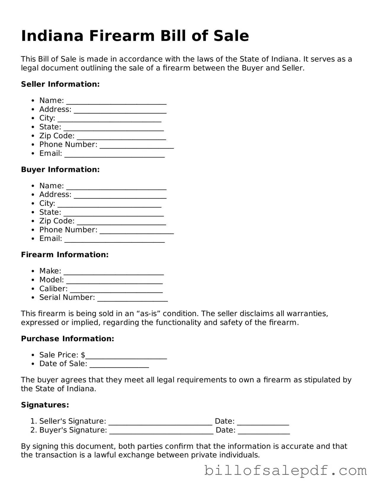 Legal Indiana Firearm Bill of Sale Form