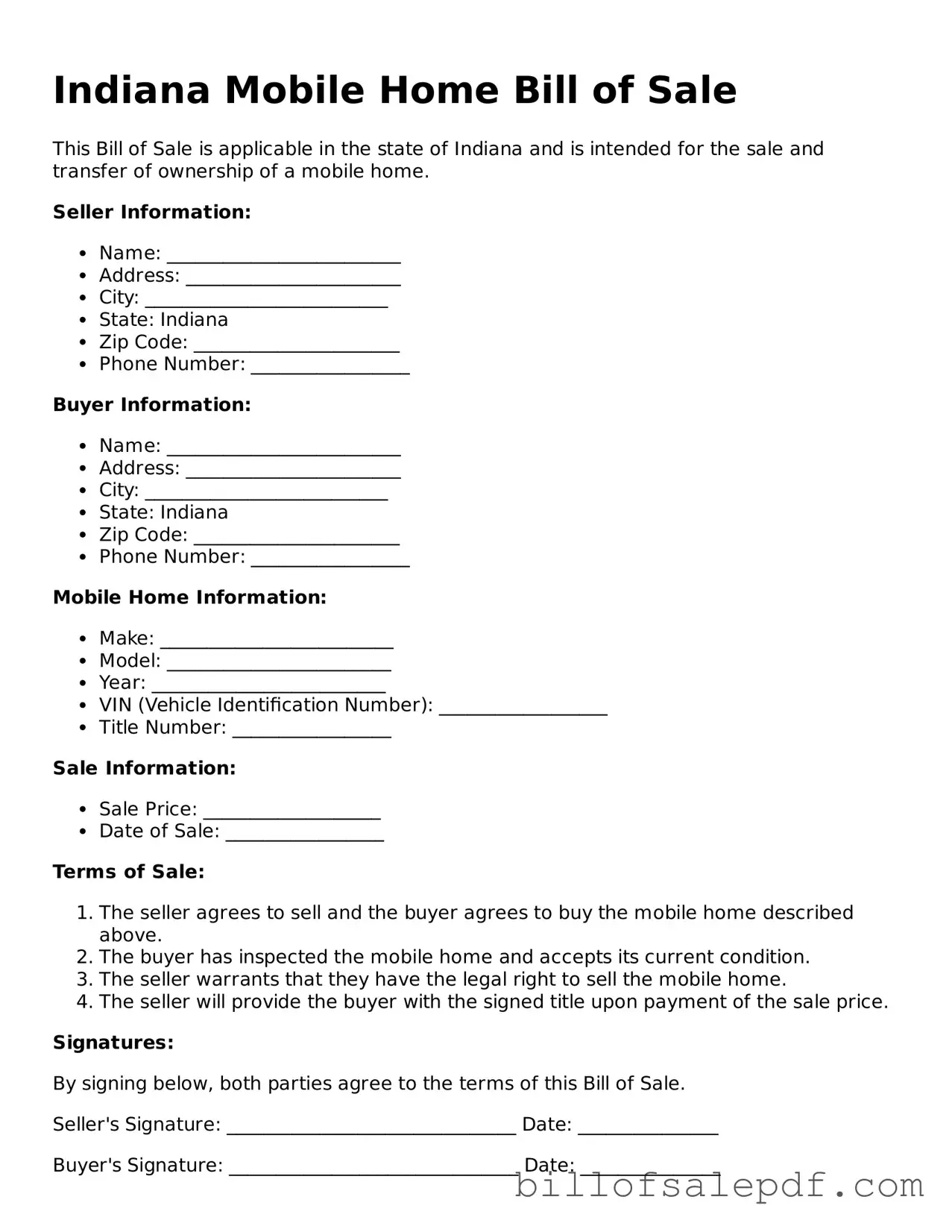 Legal Indiana Mobile Home Bill of Sale Form