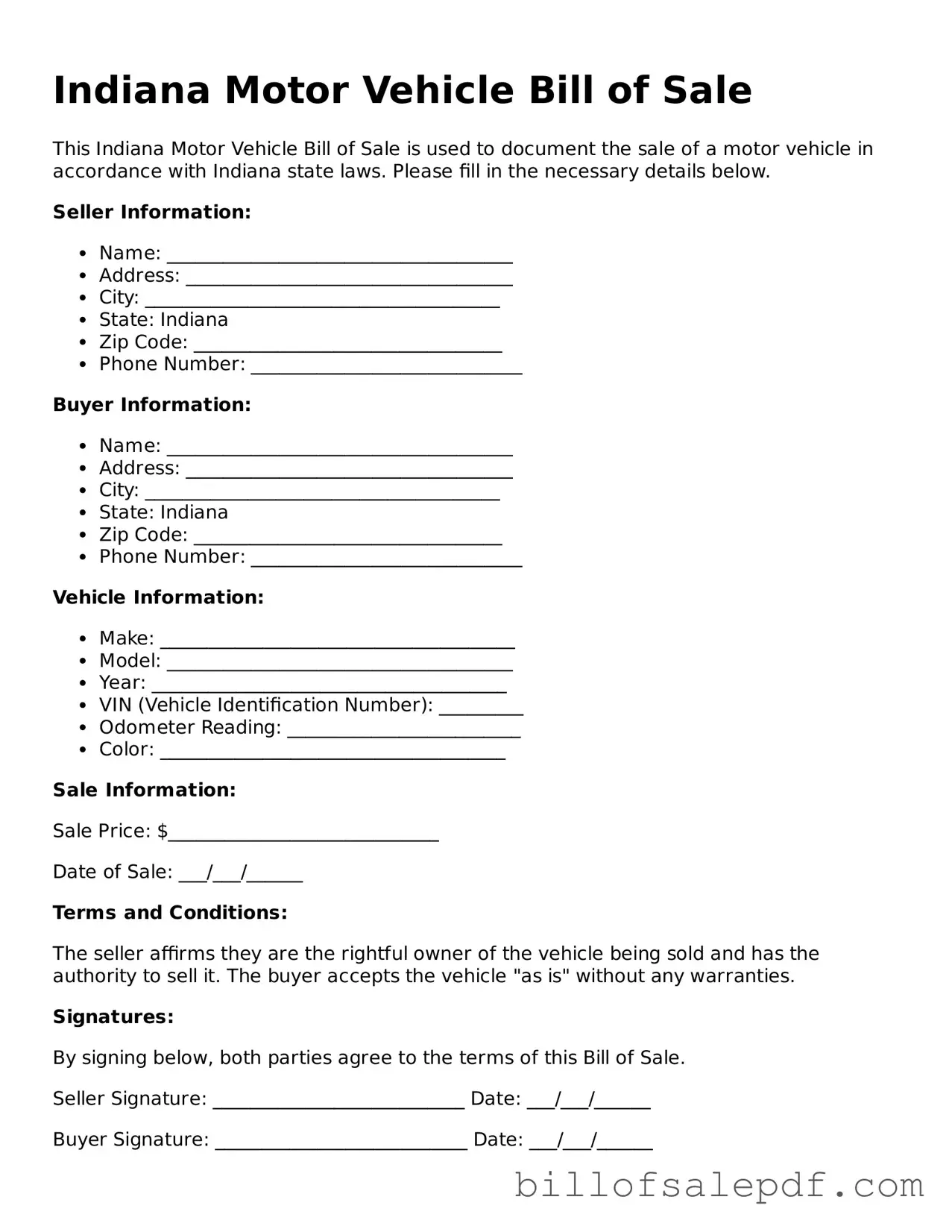 Legal Indiana Motor Vehicle Bill of Sale Form