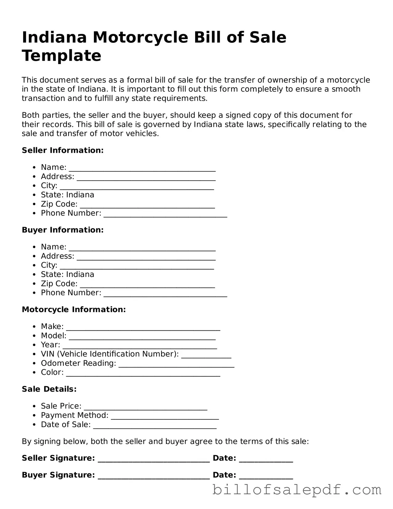 Legal Indiana Motorcycle Bill of Sale Form