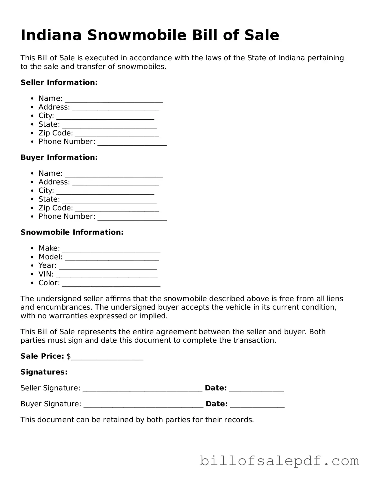 Legal Indiana Snowmobile Bill of Sale Form