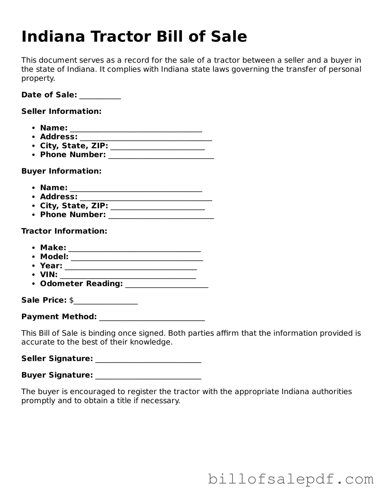 Legal Indiana Tractor Bill of Sale Form