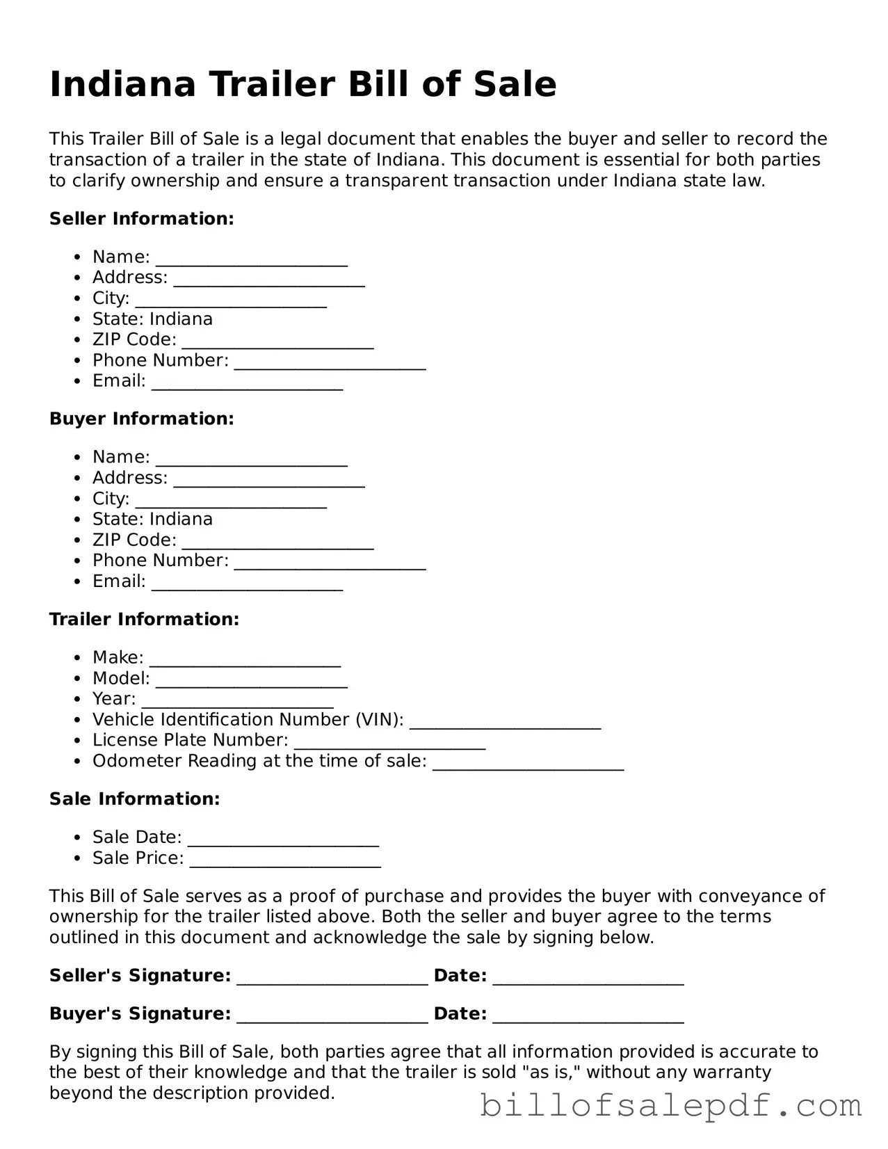 Legal Indiana Trailer Bill of Sale Form
