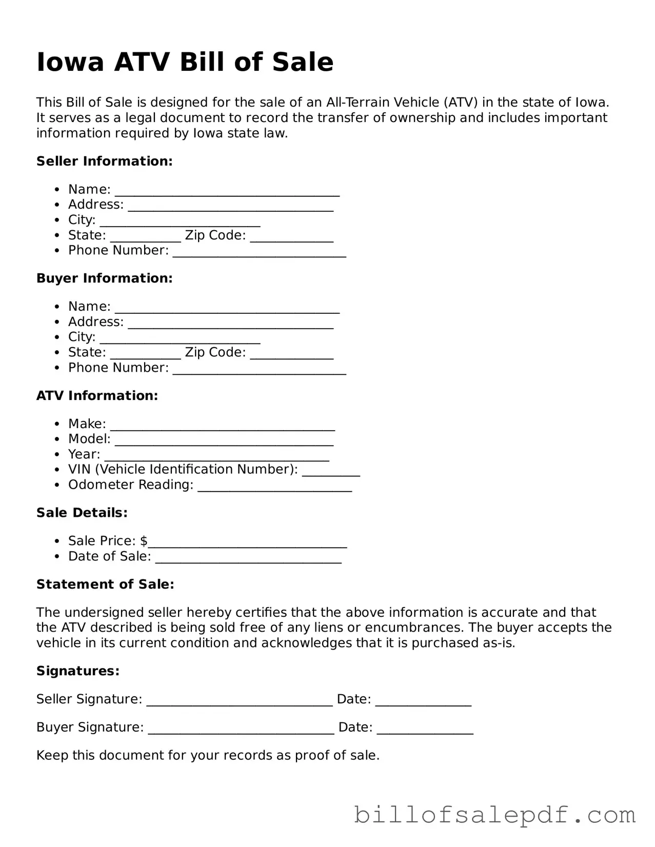 Legal Iowa ATV Bill of Sale Form