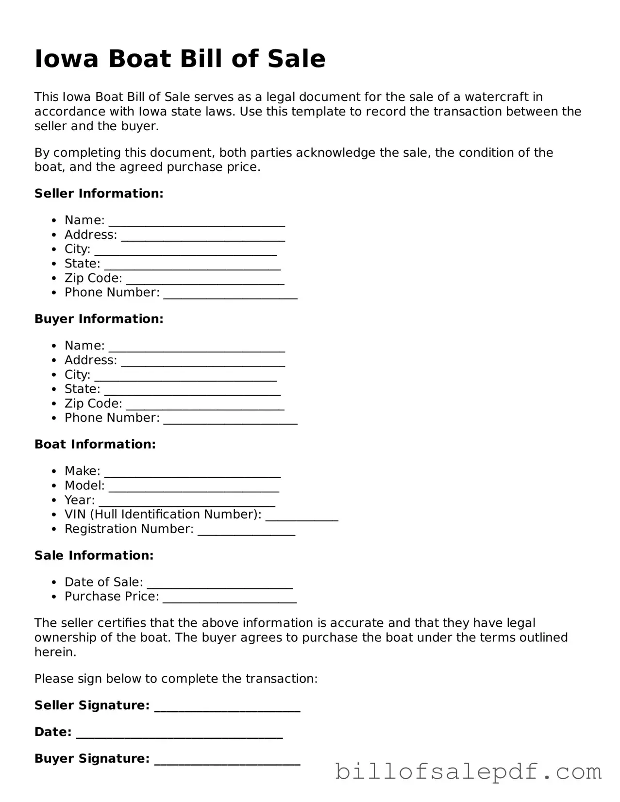 Legal Iowa Boat Bill of Sale Form