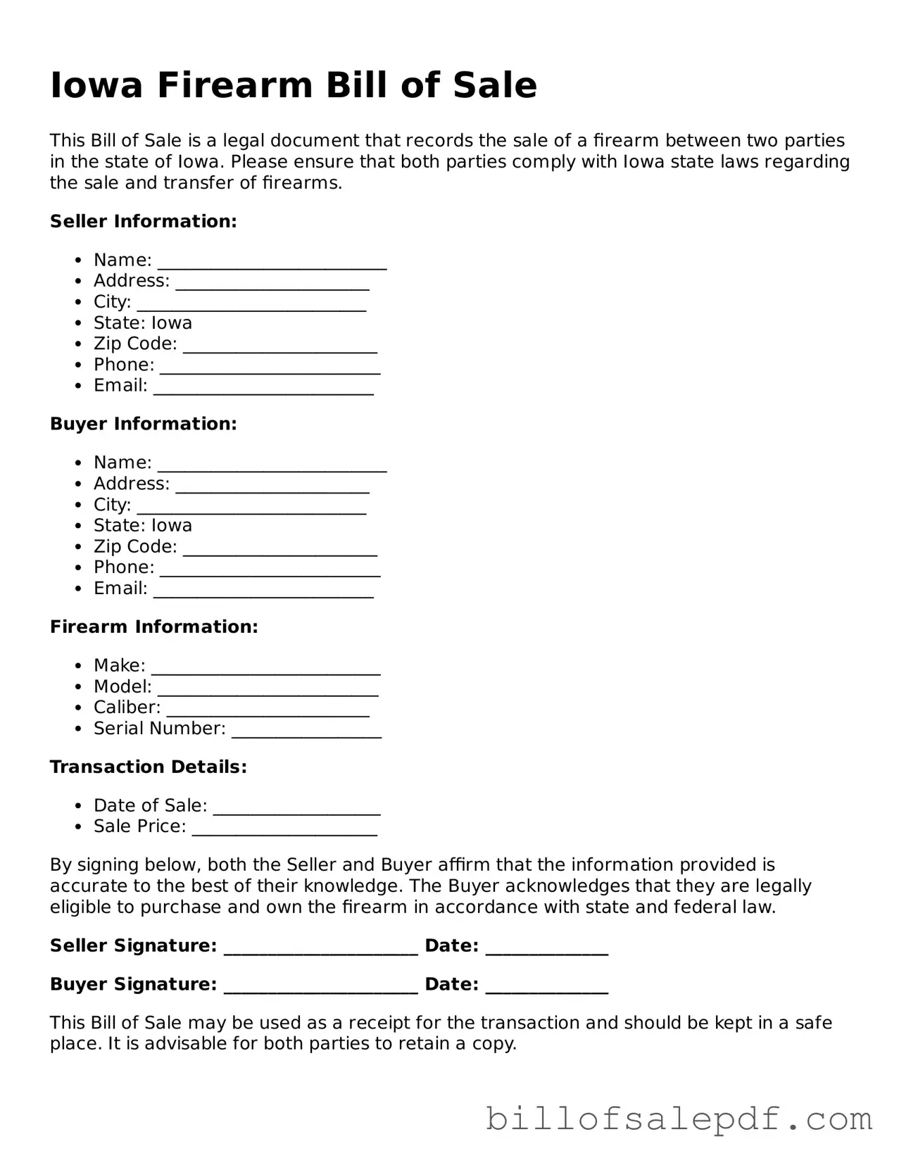 Legal Iowa Firearm Bill of Sale Form