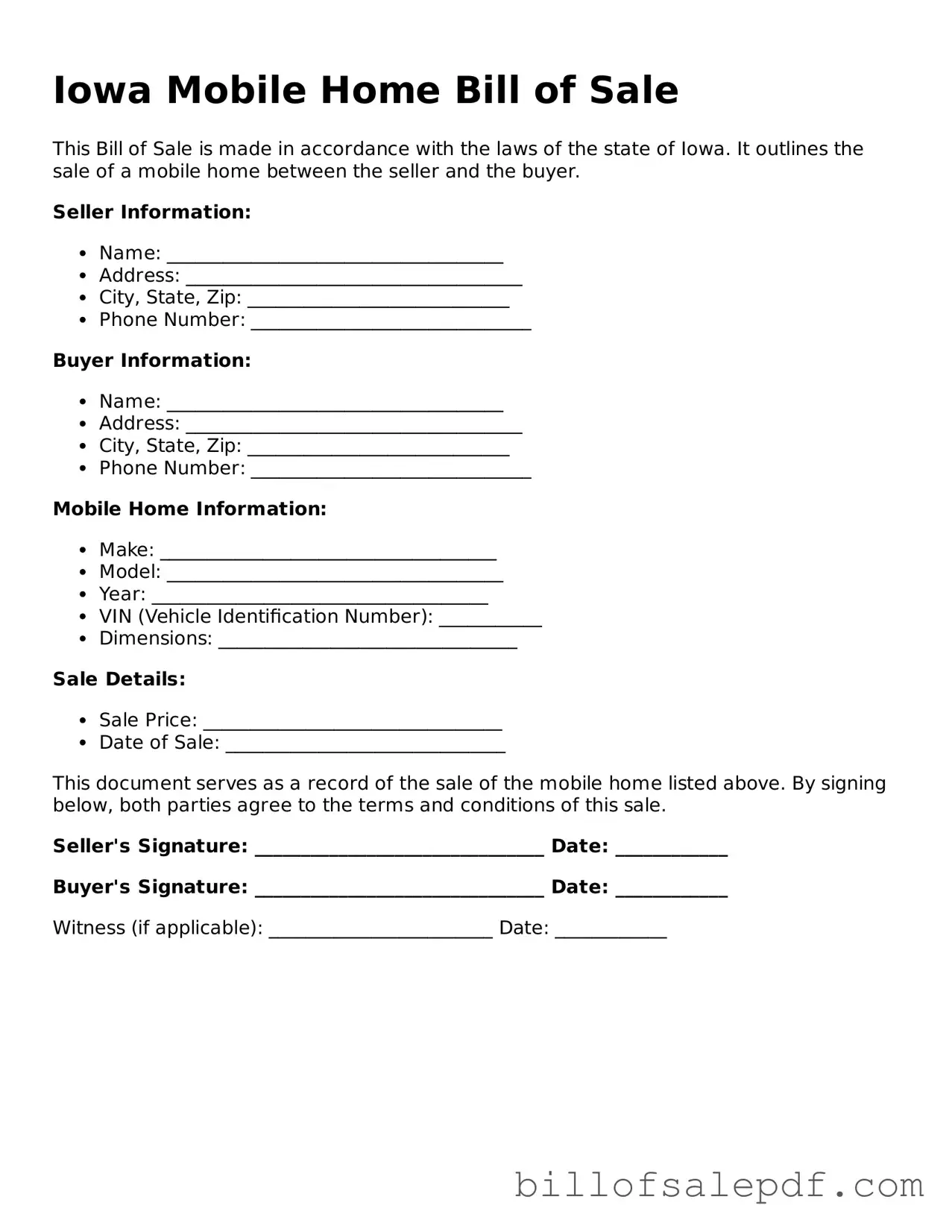 Legal Iowa Mobile Home Bill of Sale Form
