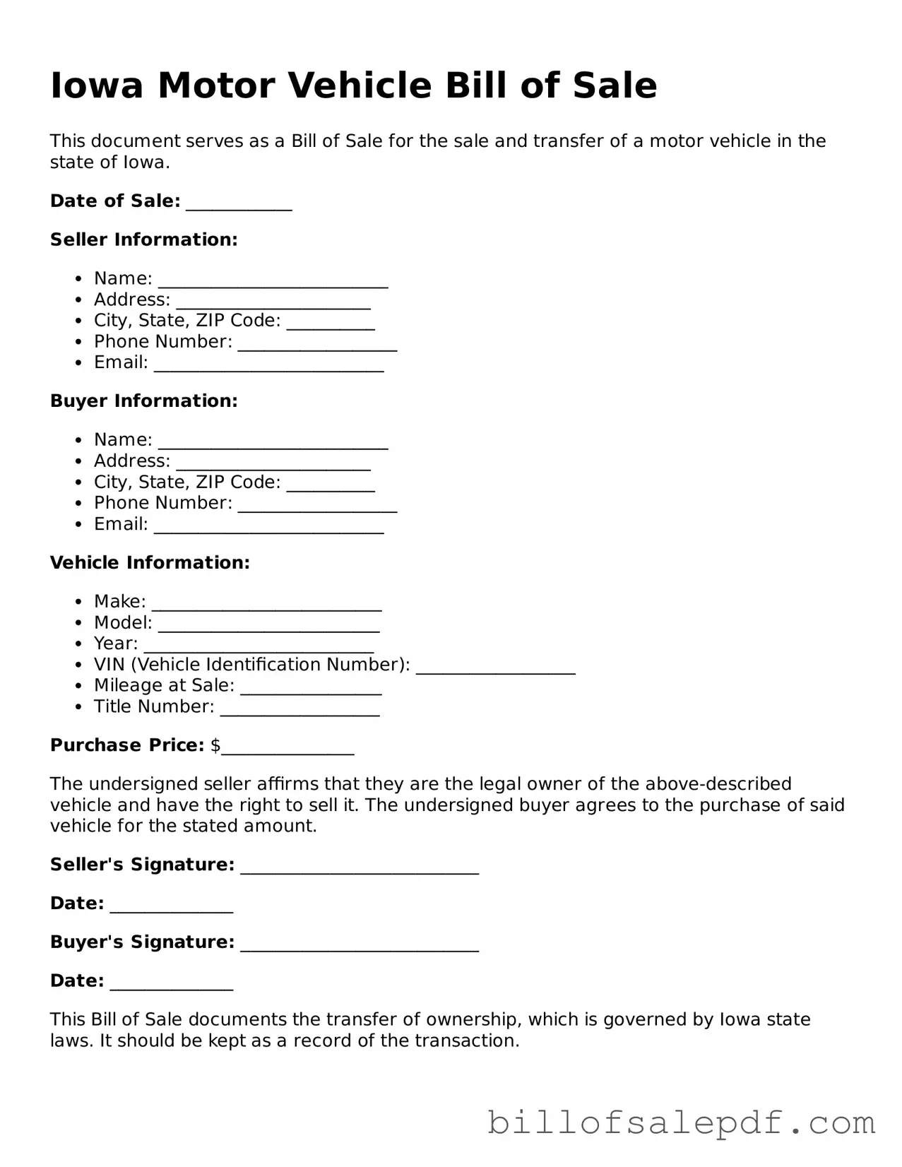 Legal Iowa Motor Vehicle Bill of Sale Form