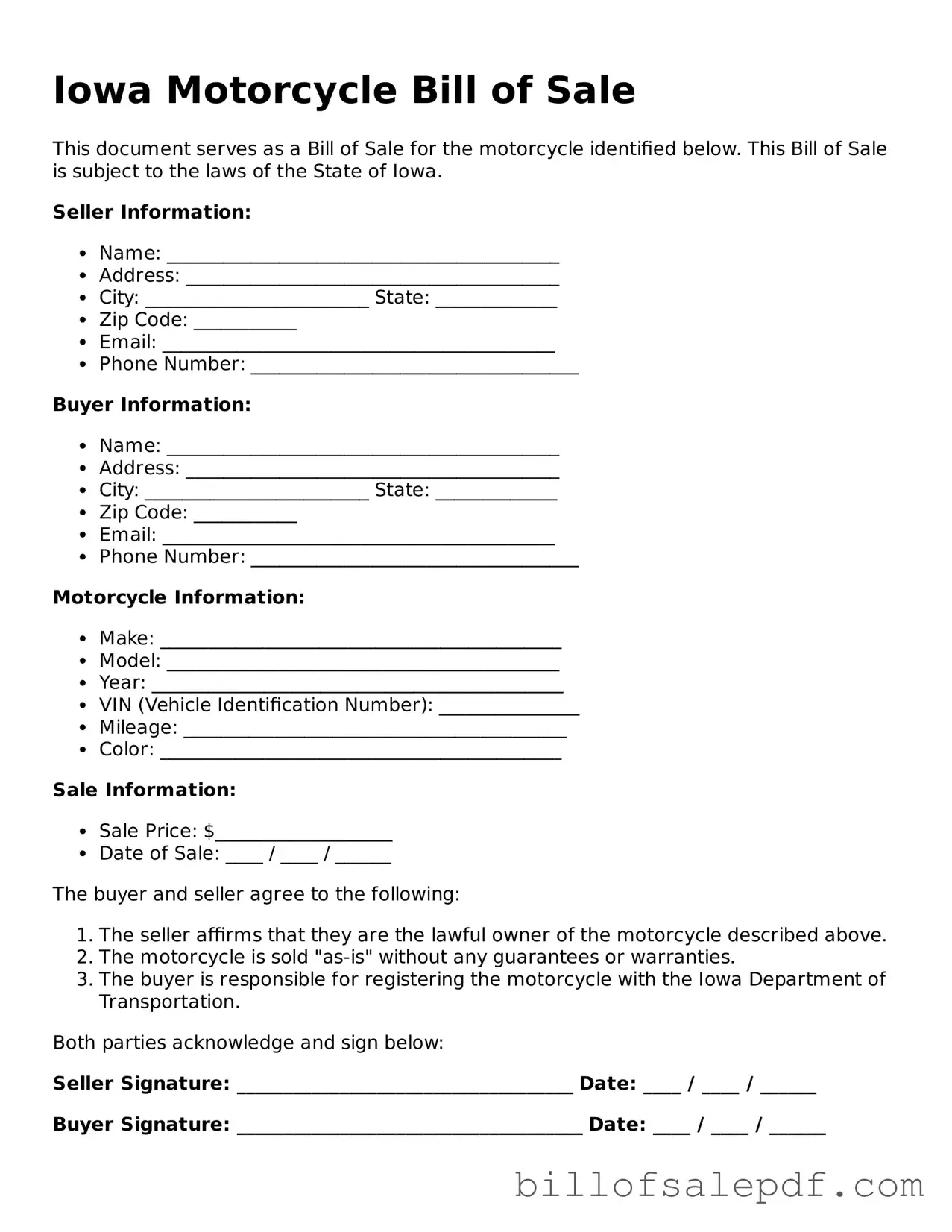 Legal Iowa Motorcycle Bill of Sale Form