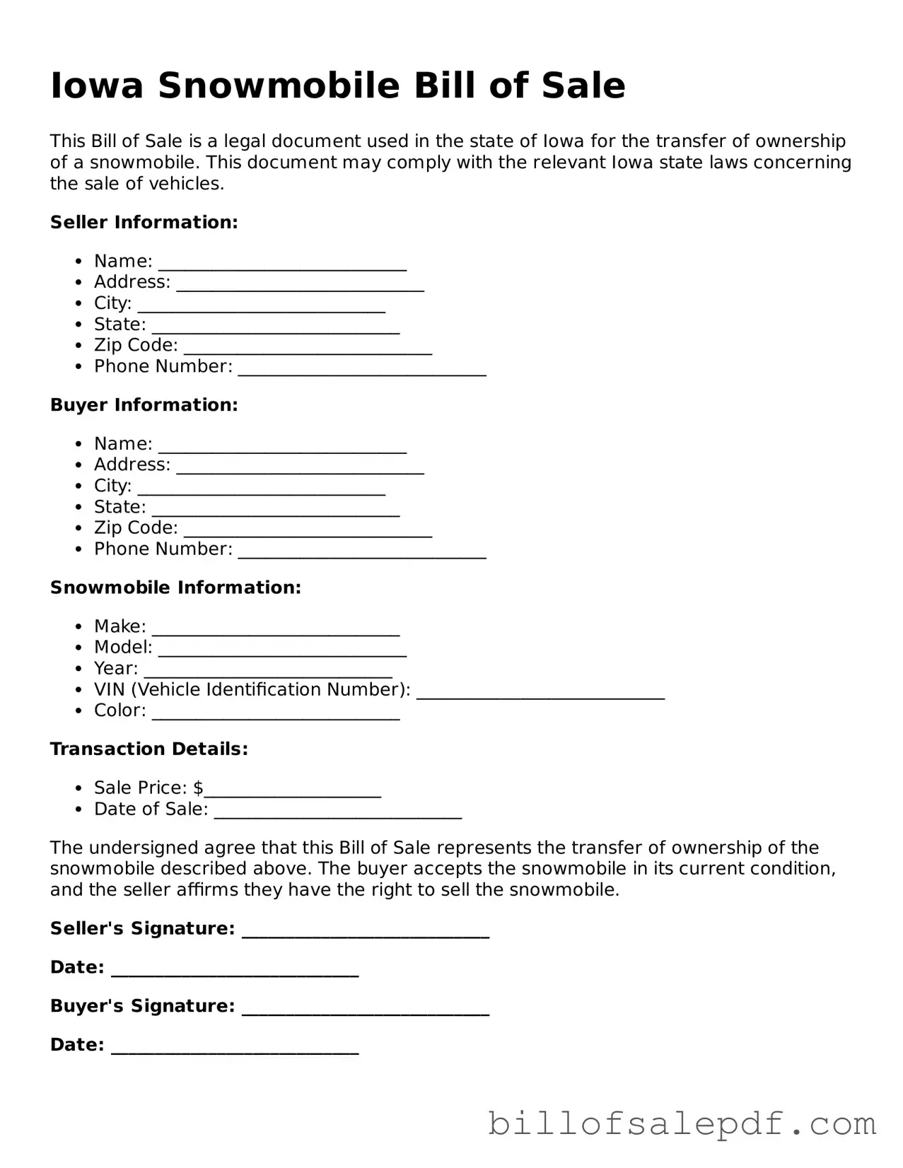 Legal Iowa Snowmobile Bill of Sale Form
